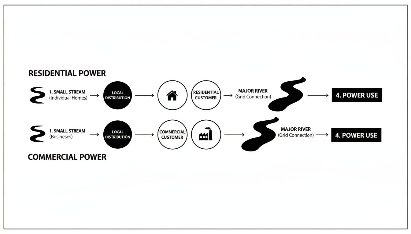 Diagram showing the flow of residential and commercial power from small streams through local distribution to end use.