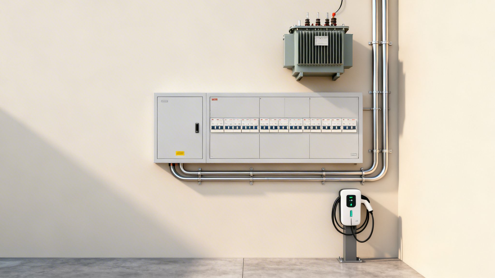 Commercial electrical installation featuring a transformer, large breaker panels, conduit, and an EV charging station.