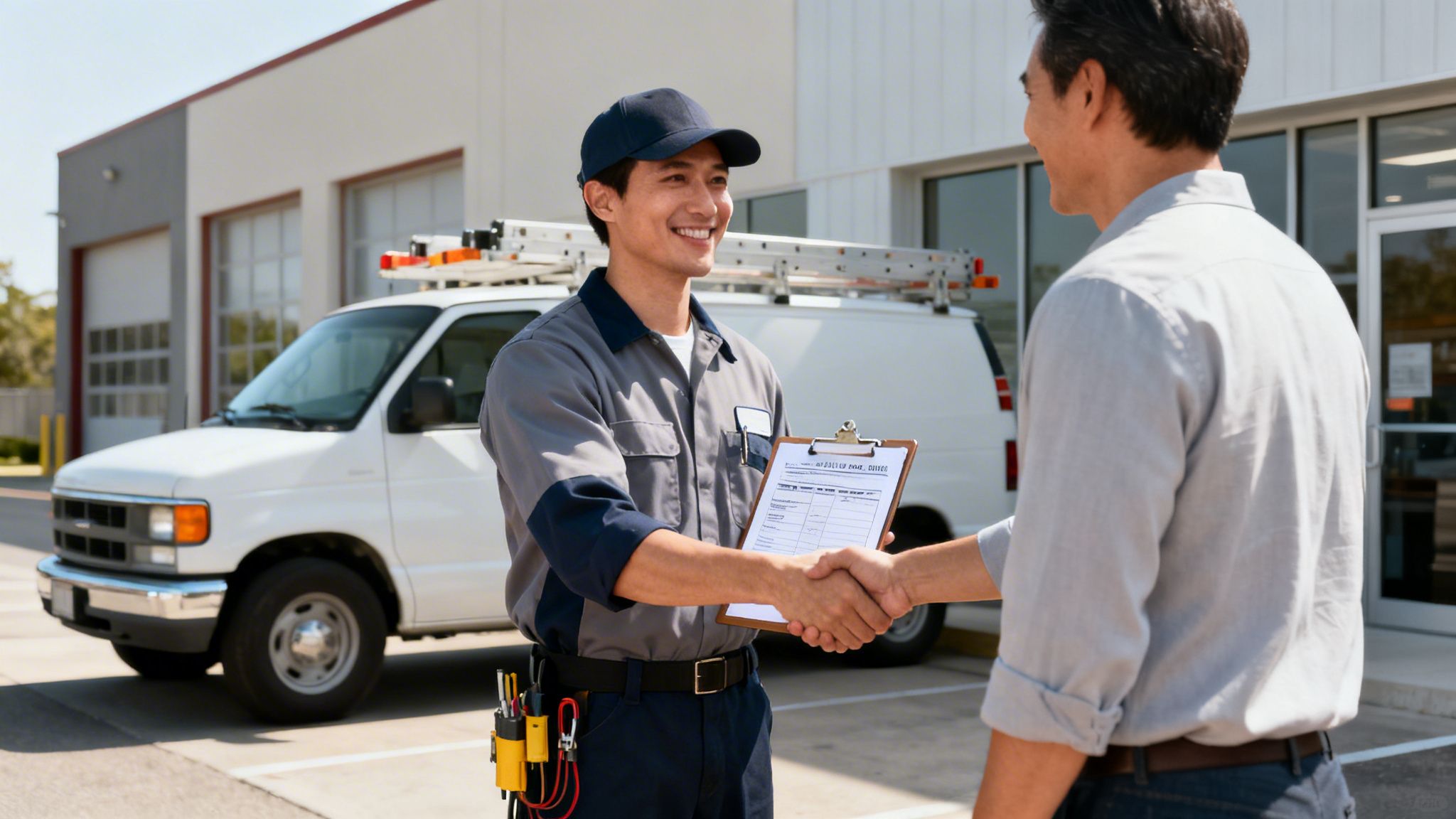 A smiling service technician shakes hands with a customer outside a commercial building with a service van.