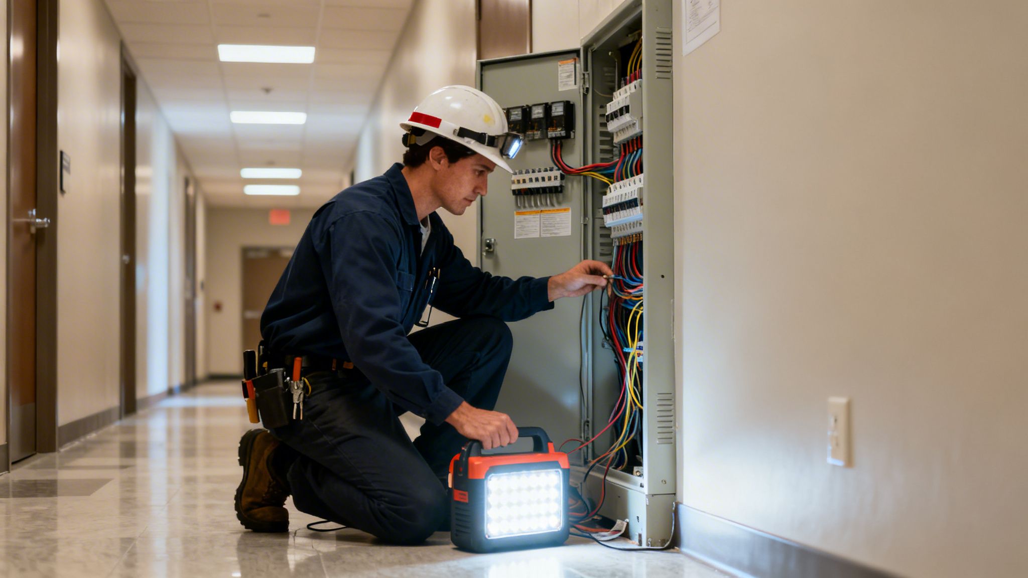 An electrician in a hard hat inspects an open electrical panel in a brightly lit hallway, holding a work light.