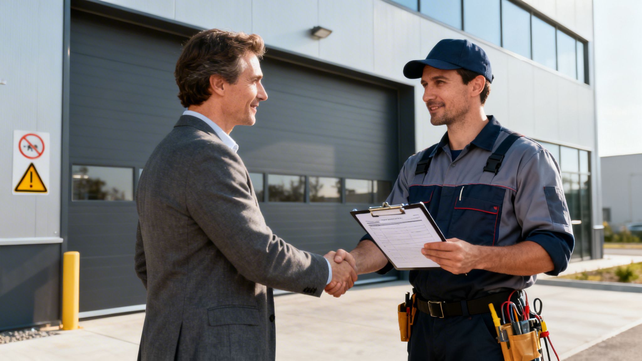 A businessman shakes hands with an electrician in uniform holding a clipboard outside a commercial building.