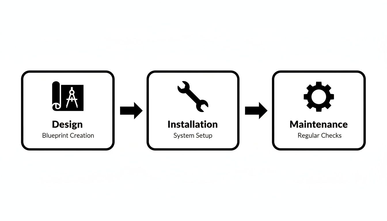 A three-step diagram illustrating the process of design, installation, and maintenance with icons.