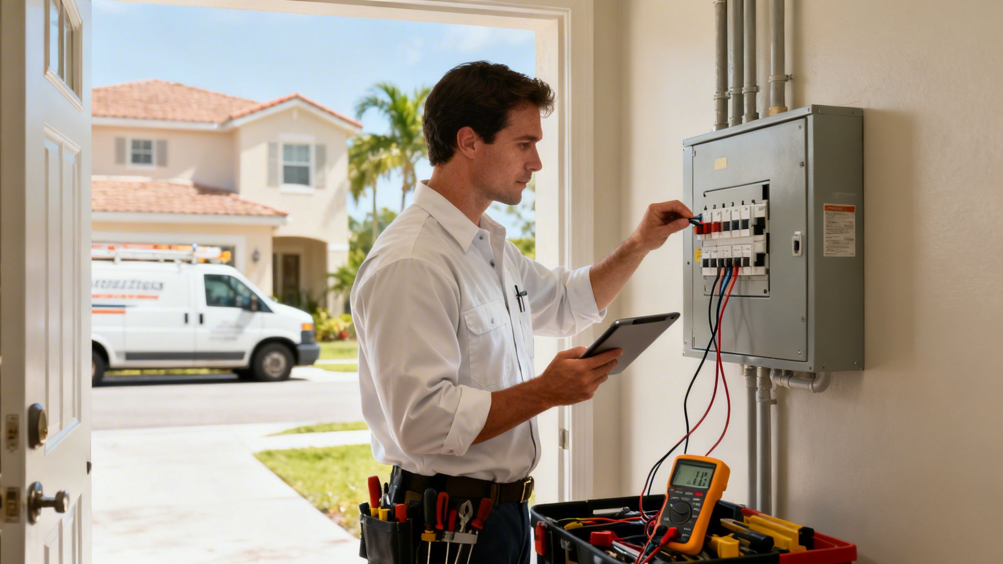 An electrician in a white shirt checks an electrical panel, holding a tablet, with a utility van outside.