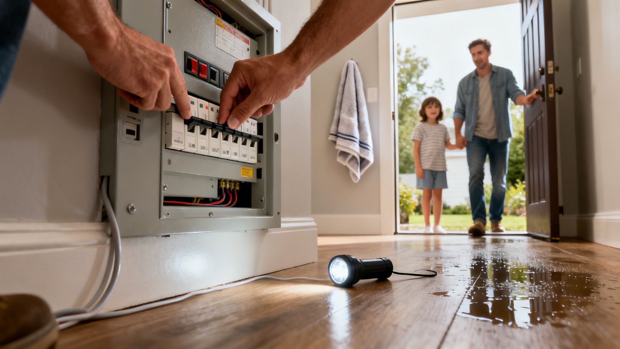 Hands repair an electrical fuse box near a flashlight and water on a wooden floor.