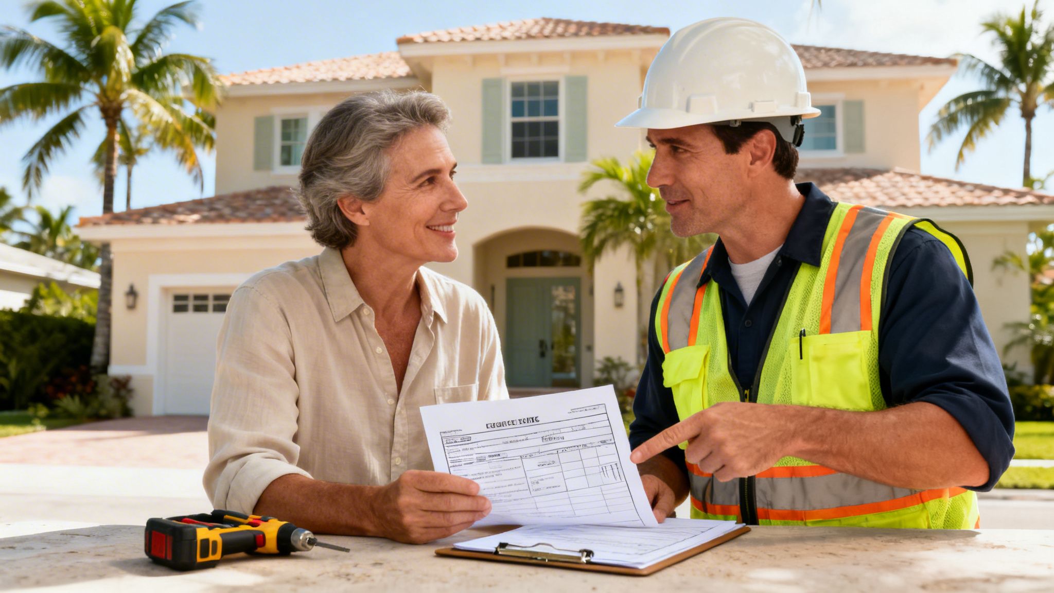 A smiling woman discusses documents with a male electrical contractor in a hard hat outside a house.