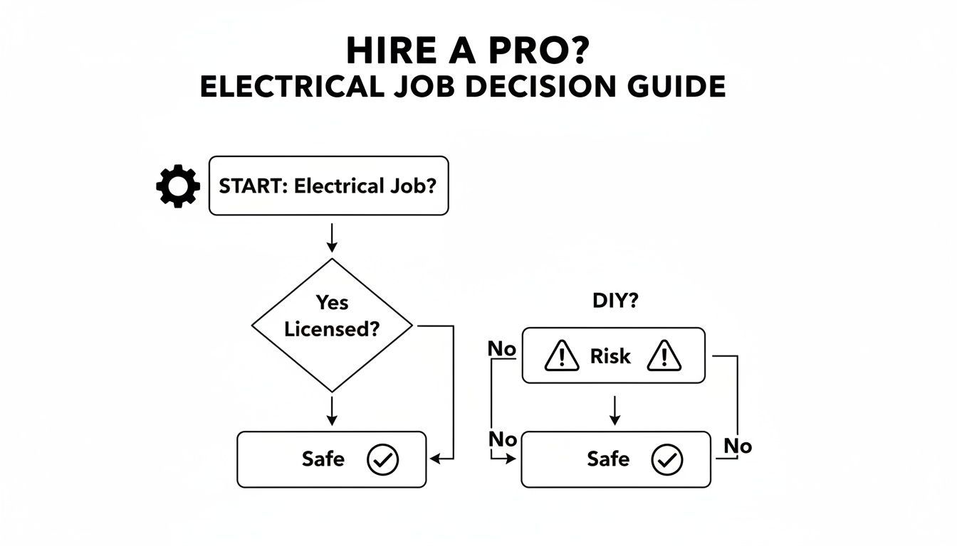 Flowchart titled 'Hire A Pro? Electrical Job Decision Guide', evaluating licensed professionals versus DIY for electrical work, emphasizing safety and risk.