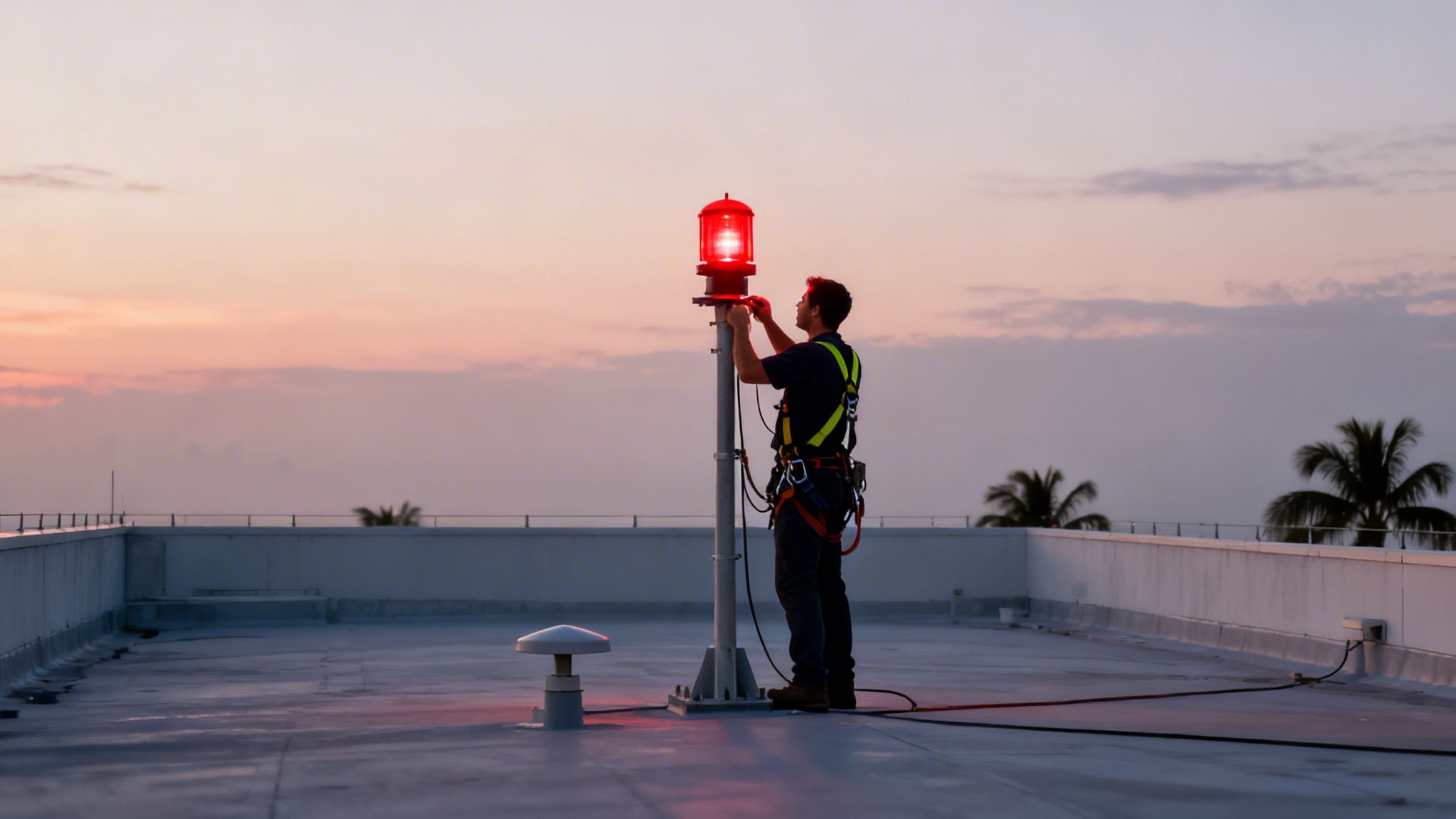 A technician in a safety harness works on an illuminated red beacon light on a rooftop at sunset.