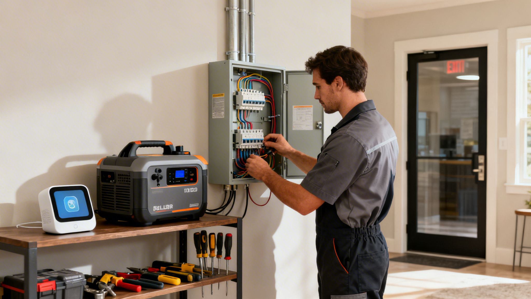 An electrician in a grey uniform is working on an open electrical panel, connecting wires.