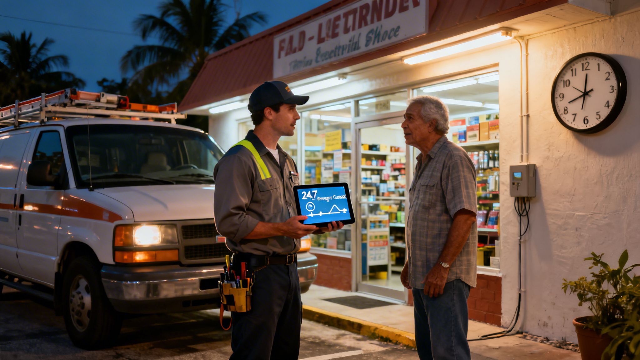 An electrician in uniform shows a tablet to an elderly customer outside a convenience store at dusk.