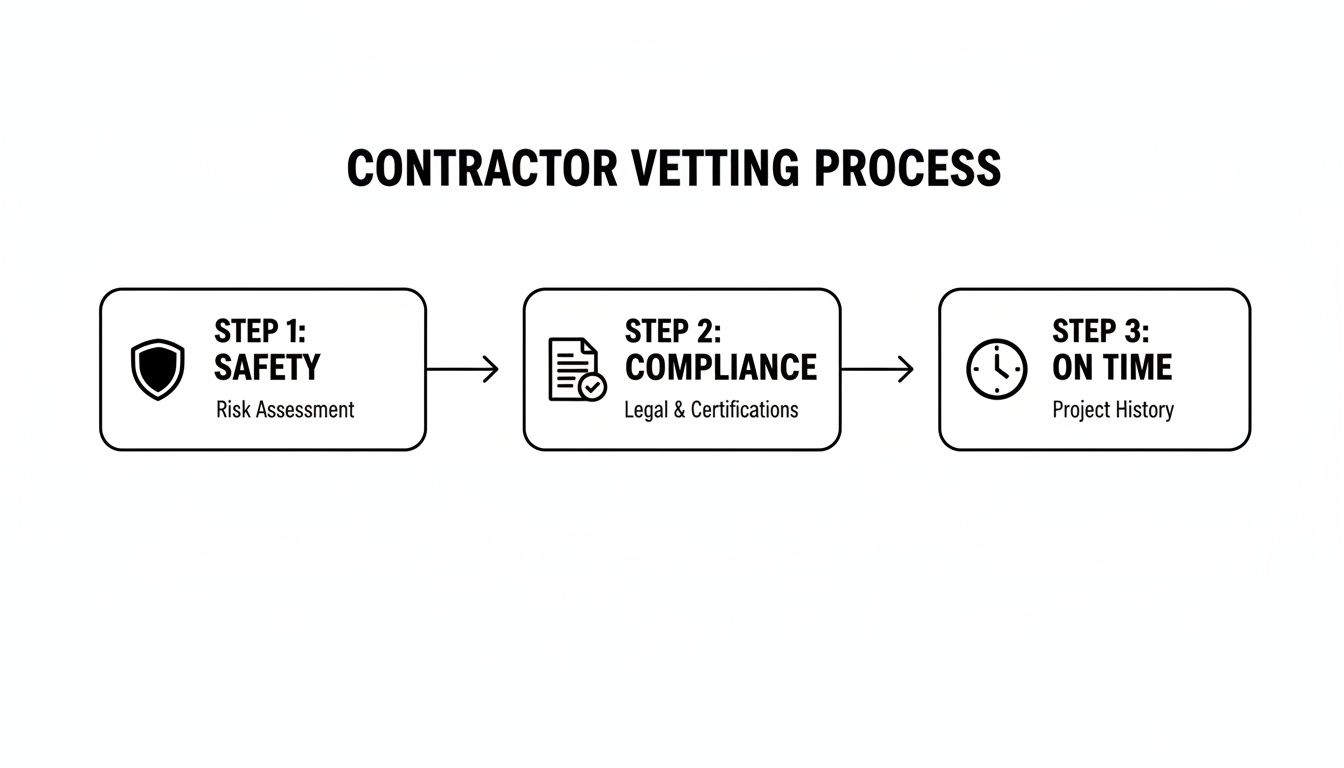 Diagram illustrating a three-step contractor vetting process: Safety, Compliance, and On Time.