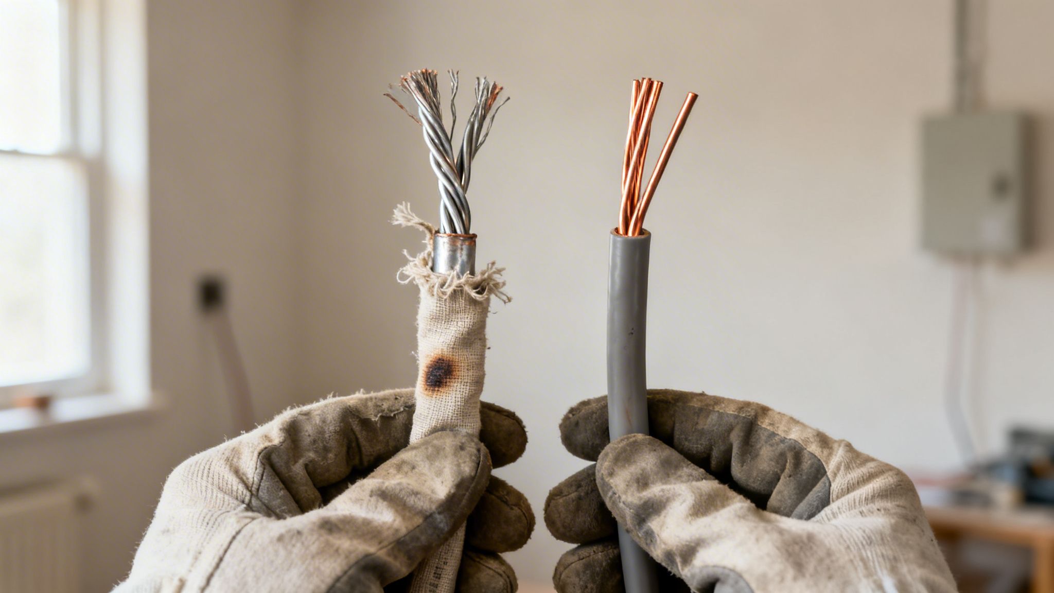 Comparison of old burnt aluminum wire and new copper electrical cable in gloved hands.