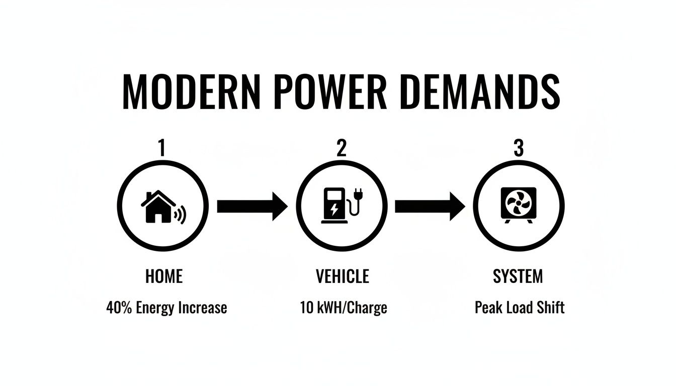 Diagram showing modern power demands for home (40% energy increase), vehicle (10 KWH/charge), and system (peak load shift).