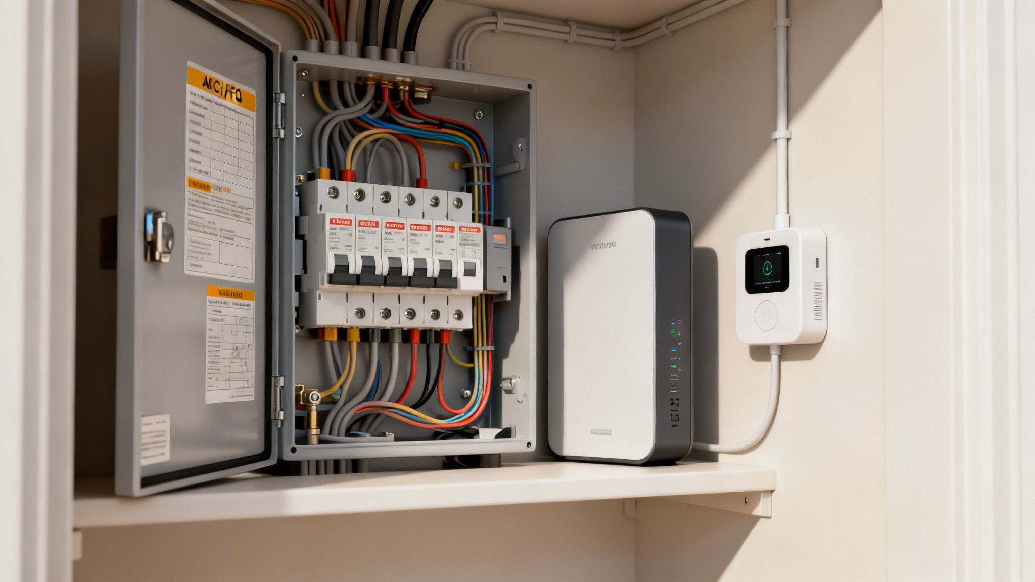 An open electrical panel revealing circuit breakers, wires, and two smart home energy devices.