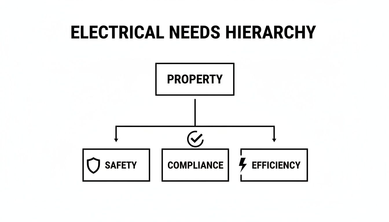 A diagram illustrating the electrical needs hierarchy for a property, emphasizing safety, compliance, and efficiency.