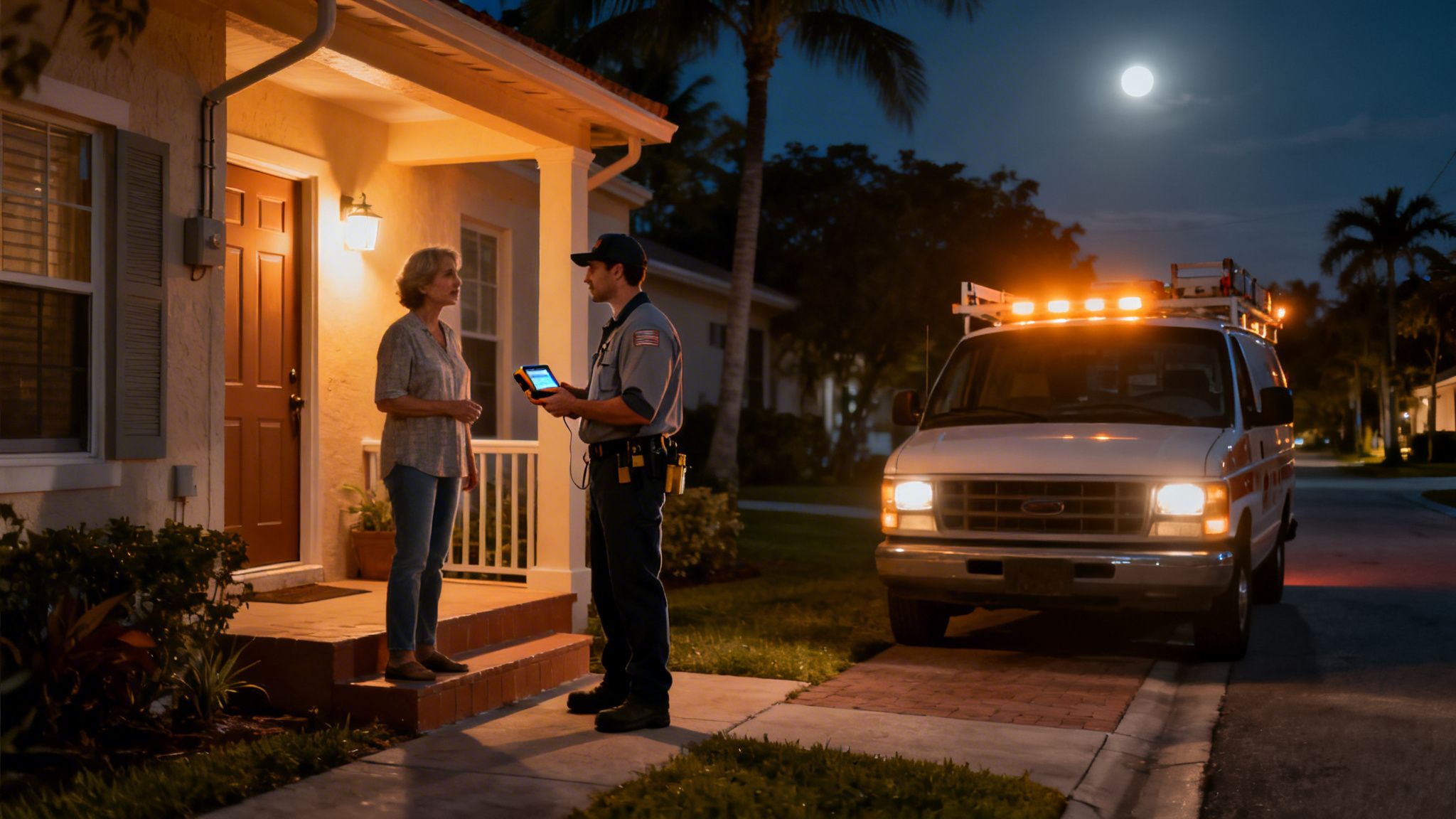 An electrician speaks with a woman outside her home at night, with a service van nearby.
