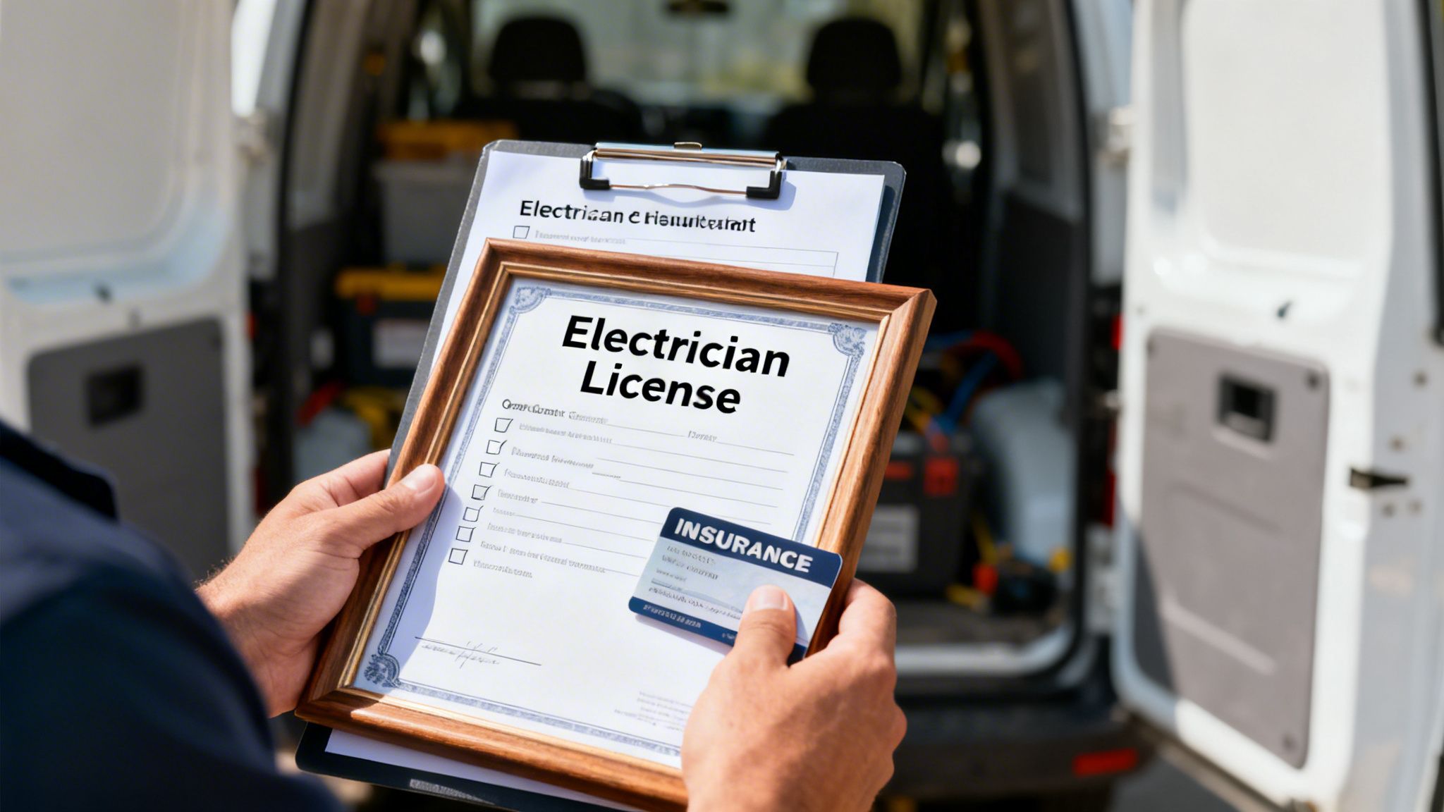A person holds an electrician license and an insurance card in front of a work van.