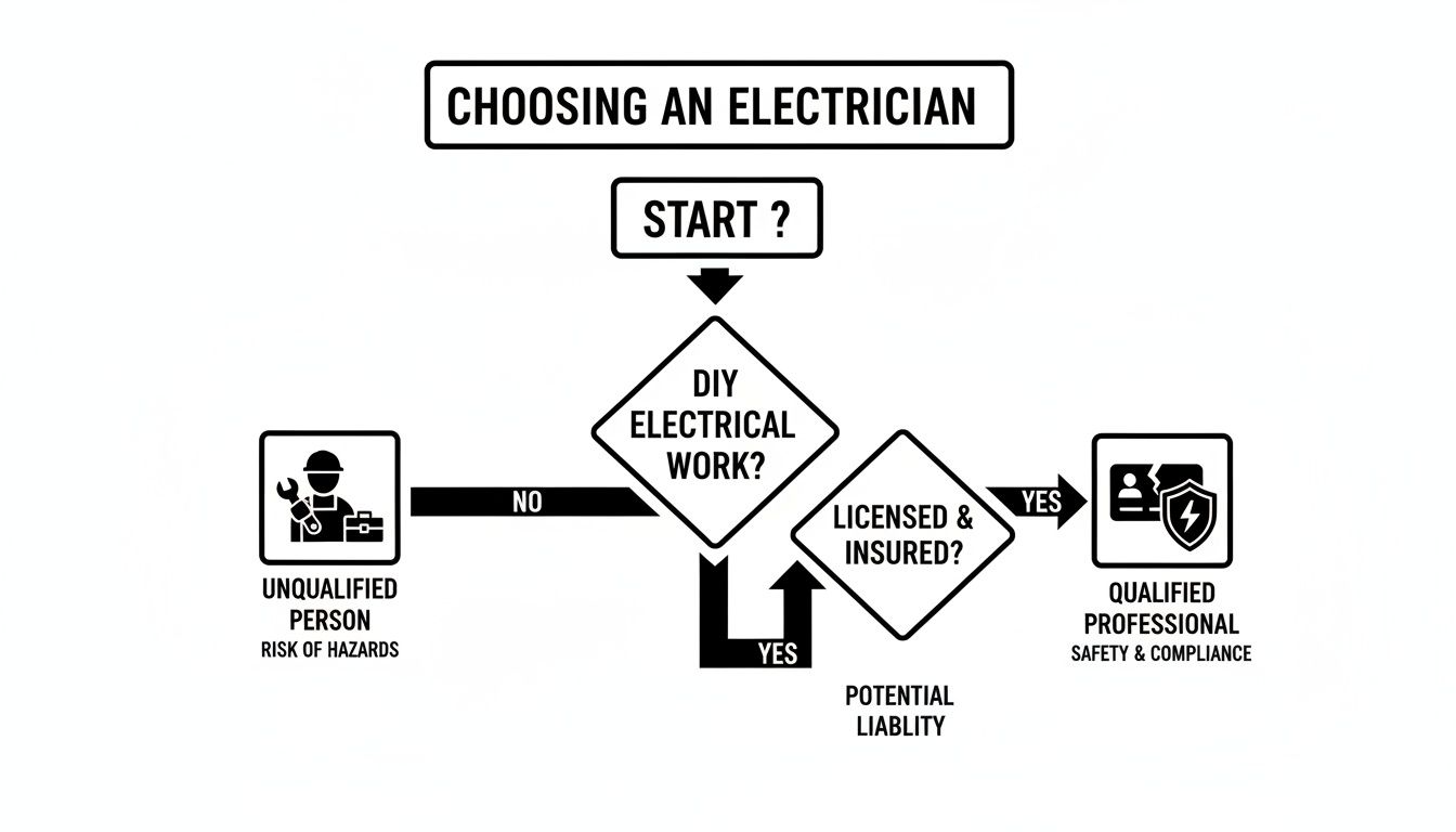 Flowchart illustrating the process of choosing an electrician, emphasizing professional qualifications for safety and compliance.
