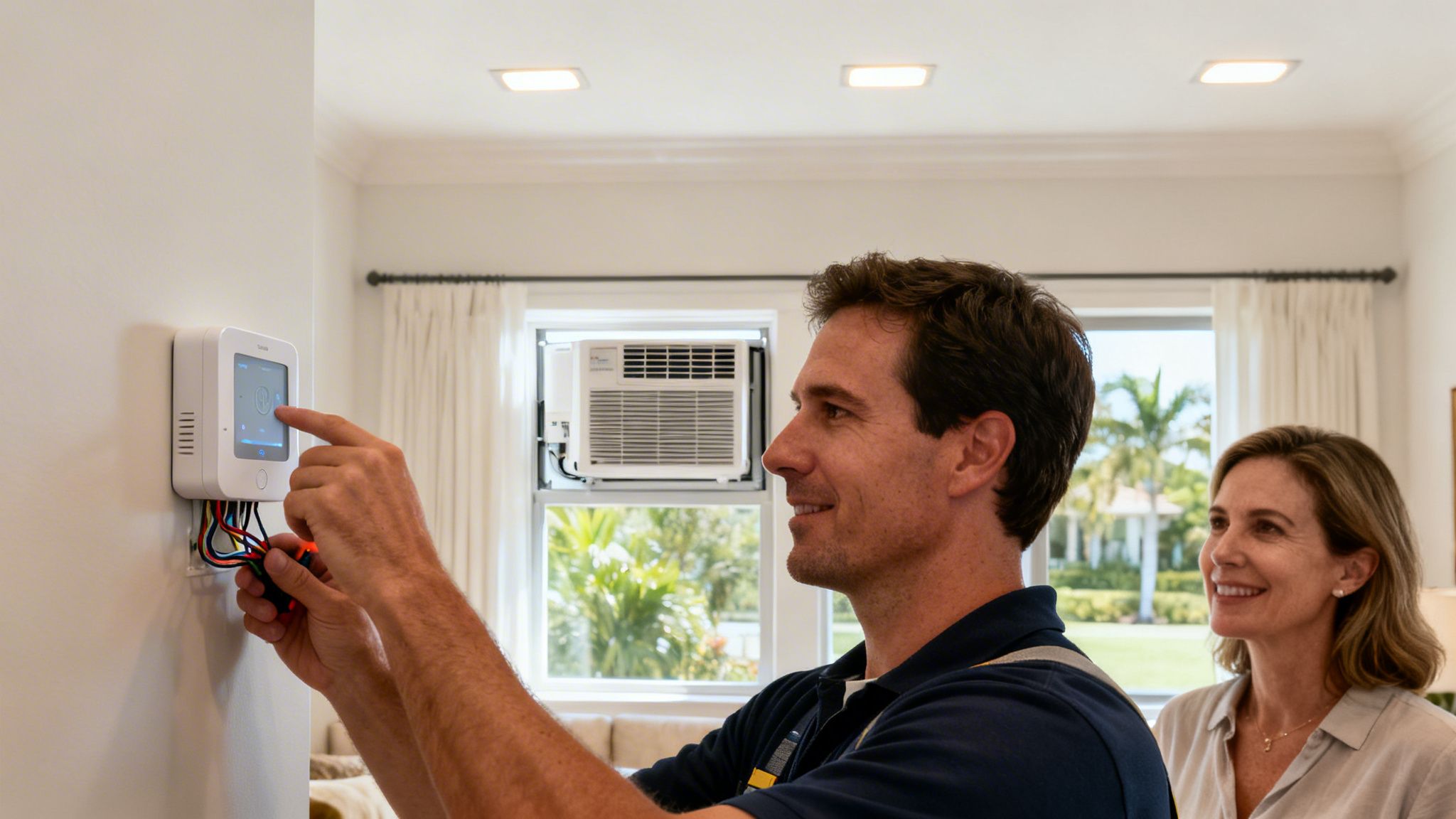 electricians in boca raton fl thermostat installation Hiring Electricians in Boca Raton FL a Homeowner's Guide While you're on the DBPR site, you'll probably notice two different types of licenses for electricians in Boca Raton FL: "certified" and "registered." It's helpful to know what each one means. A man installing a smart home thermostat on a white wall, with a woman smiling nearby.
