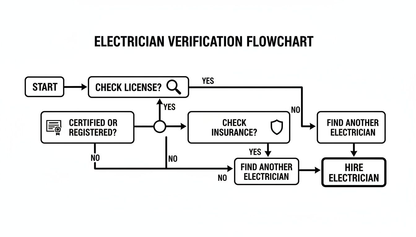 electricians in boca raton fl verification flowchart Hiring Electricians in Boca Raton FL a Homeowner's Guide While you're on the DBPR site, you'll probably notice two different types of licenses for electricians in Boca Raton FL: "certified" and "registered." It's helpful to know what each one means. Flowchart illustrating the steps to verify an electrician, including checking license, certification, registration, and insurance.