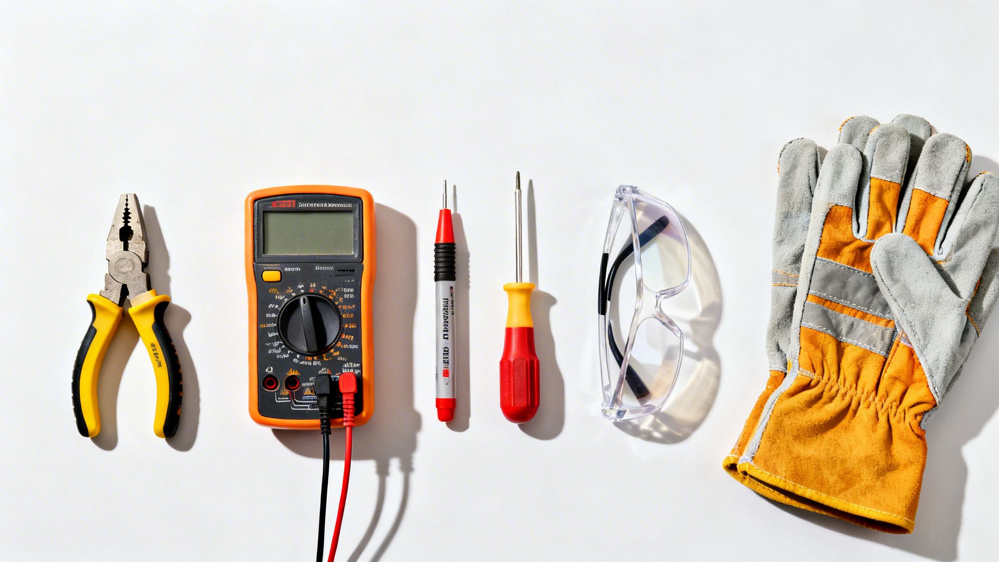 A flat lay of electrical tools and safety gear, including pliers, multimeter, screwdrivers, safety glasses, and gloves.