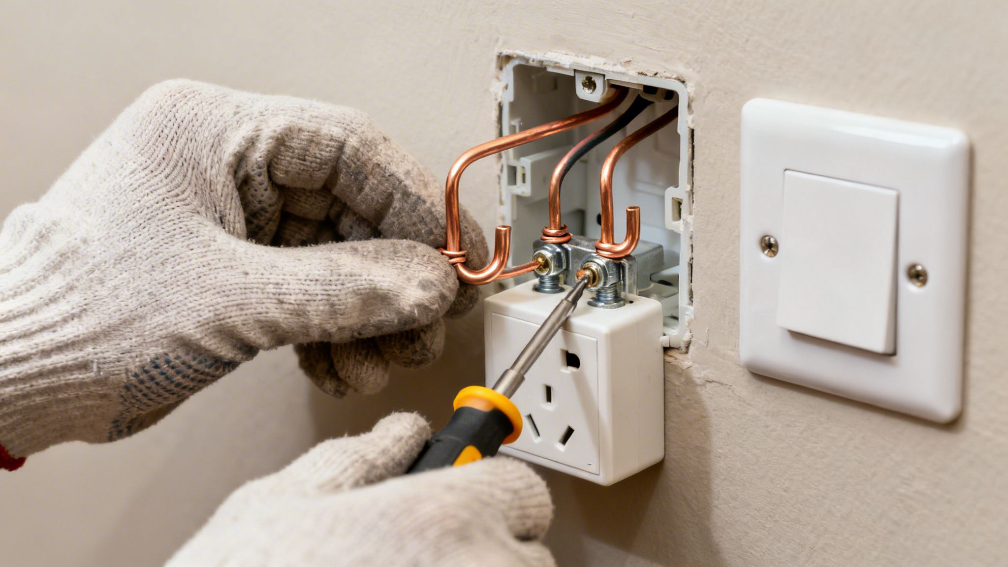 Close-up of a person in gloves wiring an electrical outlet with copper cables.