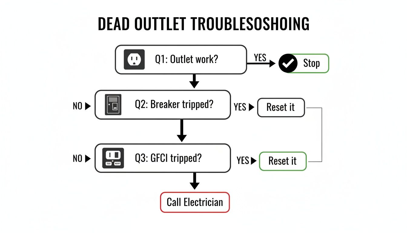 Flowchart demonstrating how to troubleshoot a dead electrical outlet by checking breakers and GFCI.