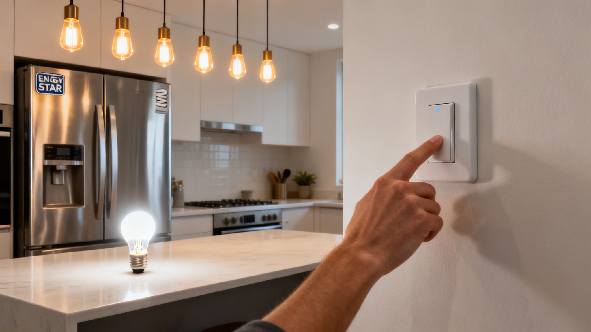how to reduce home electricity bill energy saving 1 How to Reduce Home Electricity Bill And Save Big in 2026 If you're a homeowner in Palm Beach County, you know the feeling of opening a summer FPL bill and wondering how it got so high. Before you start thinking about expensive upgrades, the good news is that you can make a serious dent in that bill this month, without spending a dime. A hand presses a smart light switch in a modern kitchen with an ENERGY STAR refrigerator, promoting energy saving.