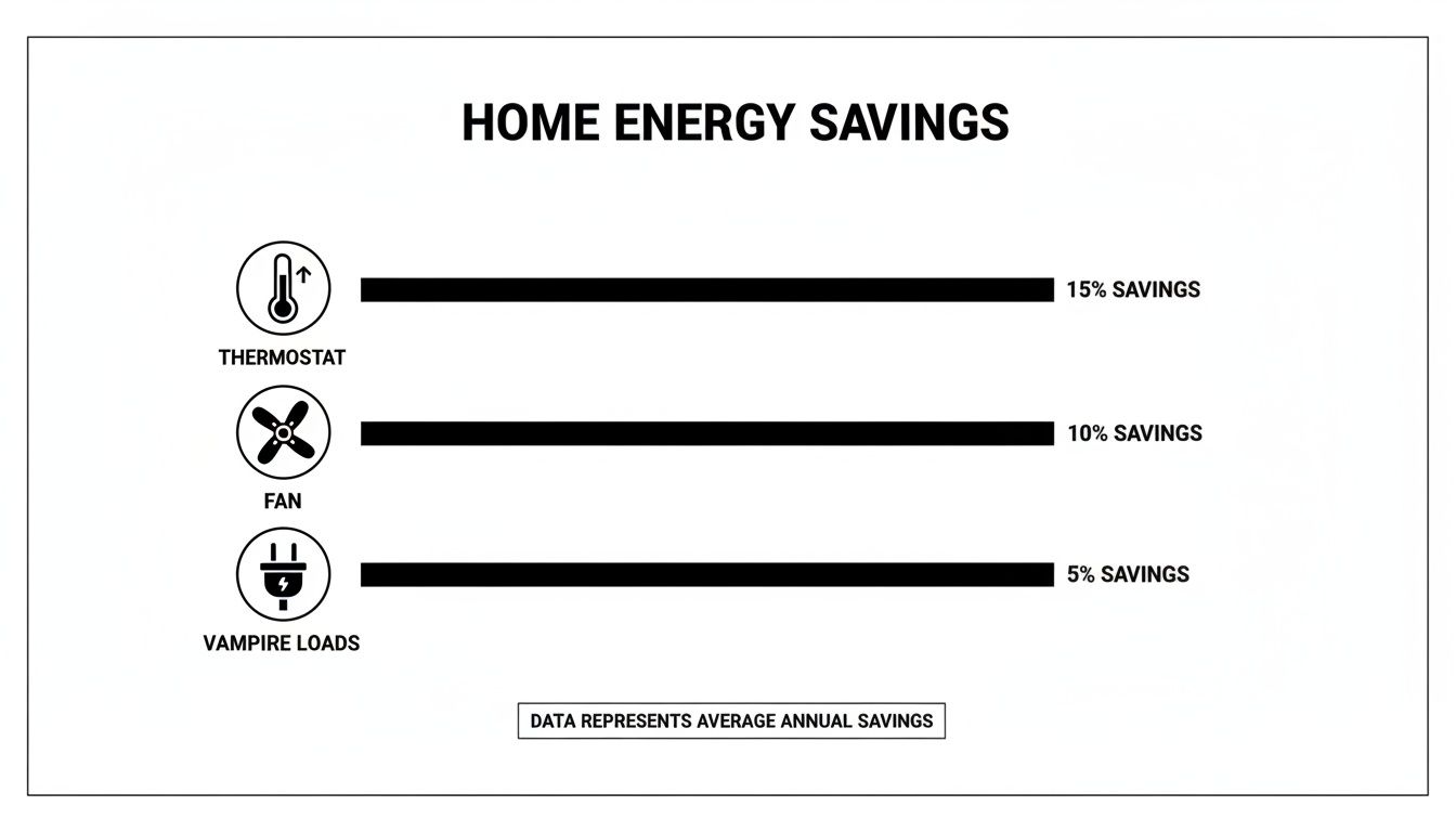 how to reduce home electricity bill energy savings How to Reduce Home Electricity Bill And Save Big in 2026 If you're a homeowner in Palm Beach County, you know the feeling of opening a summer FPL bill and wondering how it got so high. Before you start thinking about expensive upgrades, the good news is that you can make a serious dent in that bill this month, without spending a dime. Infographic on home energy savings showing thermostat, fan, and vampire load contributions to annual savings.