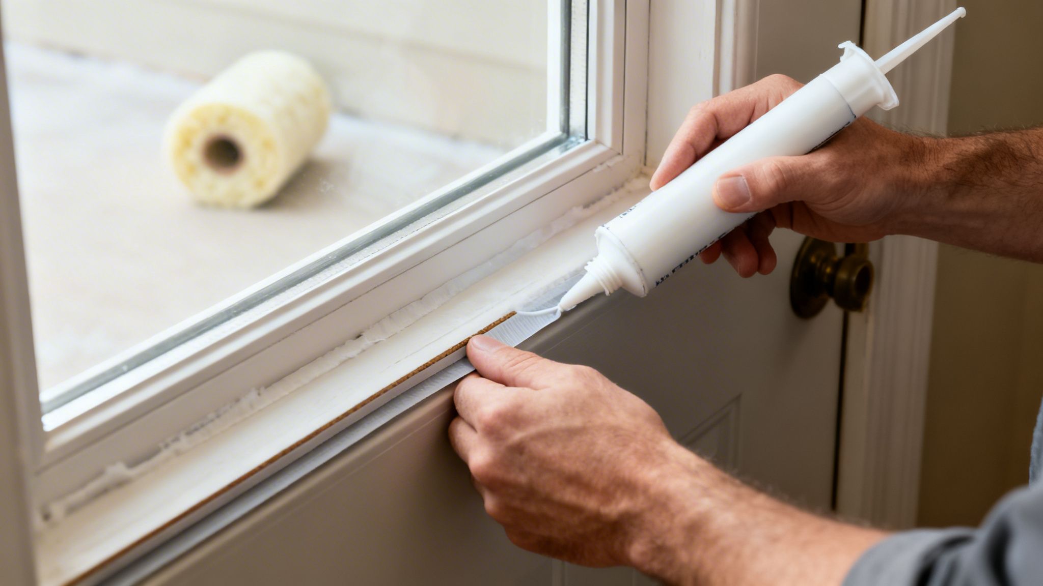 how to reduce home electricity bill window sealing How to Reduce Home Electricity Bill And Save Big in 2026 If you're a homeowner in Palm Beach County, you know the feeling of opening a summer FPL bill and wondering how it got so high. Before you start thinking about expensive upgrades, the good news is that you can make a serious dent in that bill this month, without spending a dime. Close-up of hands applying caulk sealant to a white window frame to improve insulation and save energy.