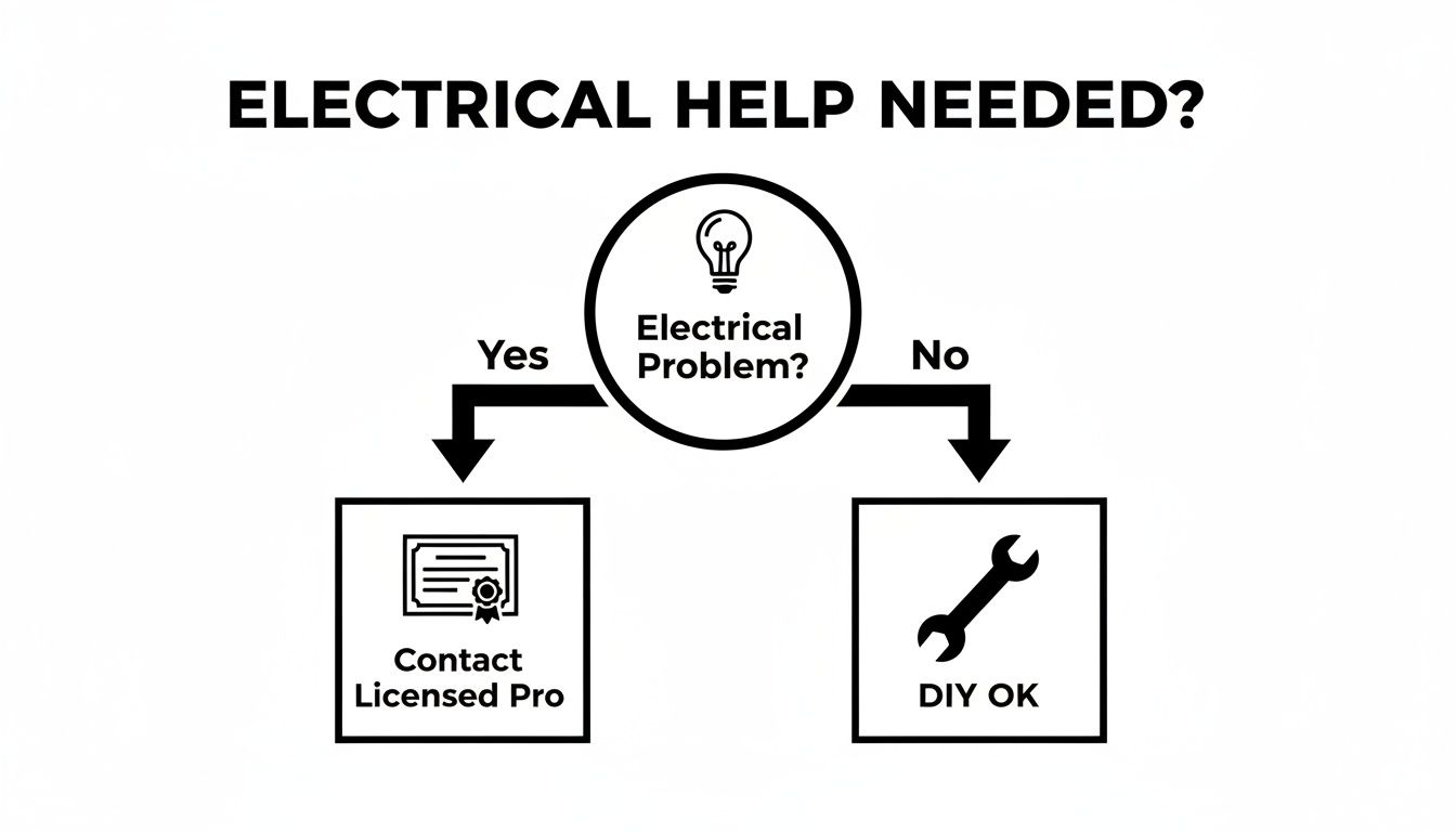 licensed electrical contractor near me electrical flowchart Finding a Licensed Electrical Contractor Near Me in Palm Beach When you’ve got an electrical issue, the first thing you probably do is grab your phone and search for a "licensed electrical contractor near me." That’s a smart move. More than just a quick fix, that search is your first line of defense against faulty work, fire hazards, and major legal headaches. It’s how you start the process of making your home or business truly safe. Flowchart guiding users to contact a licensed professional for electrical problems or DIY for non-electrical issues.