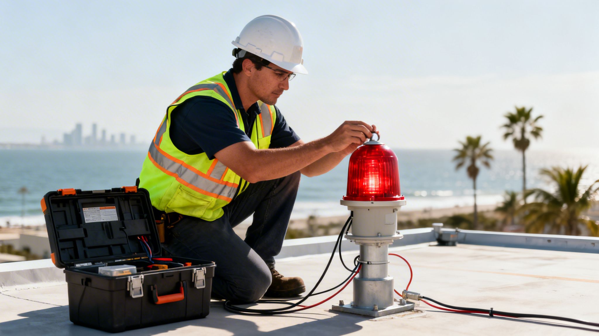 licensed electrical contractor near me rooftop electrician Finding a Licensed Electrical Contractor Near Me in Palm Beach When you’ve got an electrical issue, the first thing you probably do is grab your phone and search for a "licensed electrical contractor near me." That’s a smart move. More than just a quick fix, that search is your first line of defense against faulty work, fire hazards, and major legal headaches. It’s how you start the process of making your home or business truly safe. A licensed electrical contractor installs a red rooftop beacon light, overlooking the ocean and city.