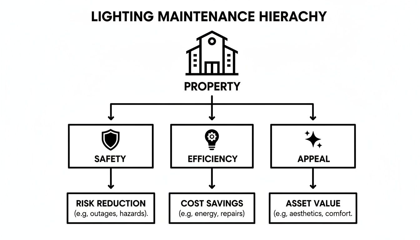 lighting maintenance incorporated maintenance hierarchy Lighting Maintenance Incorporated What Does It Truly Mean If you think lighting maintenance is just about swapping out a dead bulb, you're missing the bigger picture. That's like saying car maintenance is just putting gas in the tank. True lighting maintenance incorporated into your property management is a comprehensive, forward-thinking strategy designed to keep your facility safe, efficient, and reliable—no exceptions. Hierarchy diagram showing lighting maintenance benefits for property: safety, efficiency, appeal, risk reduction, cost savings, asset value.