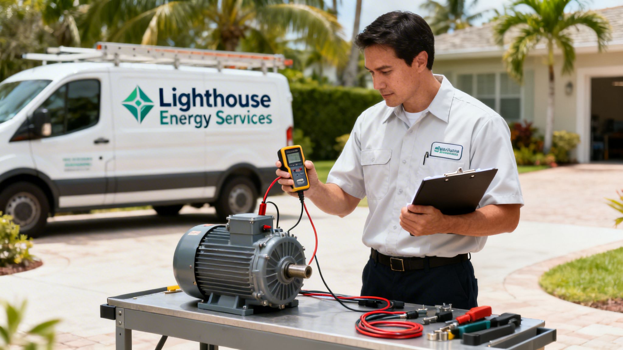 A service technician in uniform uses a diagnostic tool on an electric motor outdoors.