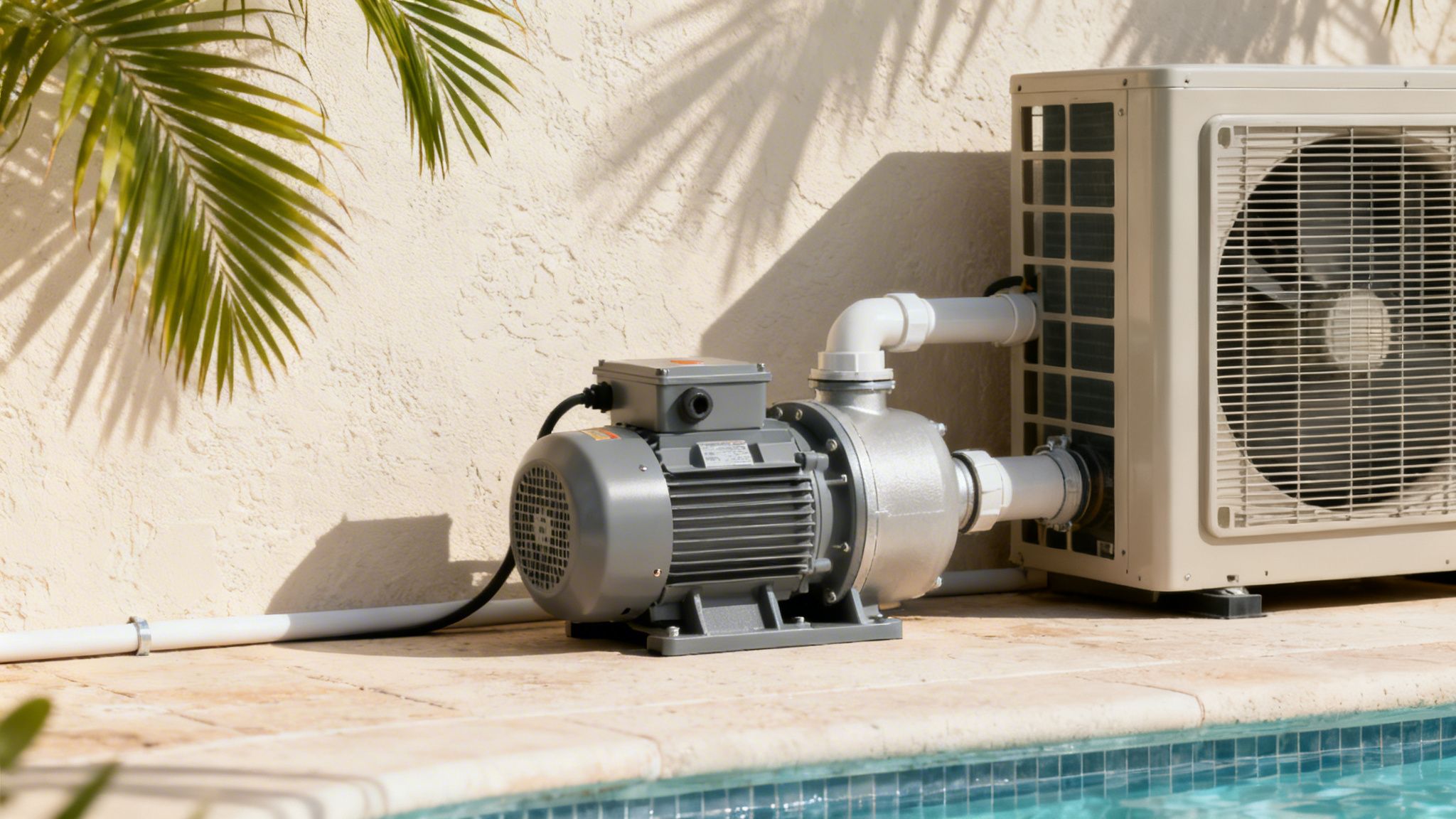 A gray electric pool pump and a beige heat pump unit connected by pipes next to a swimming pool.