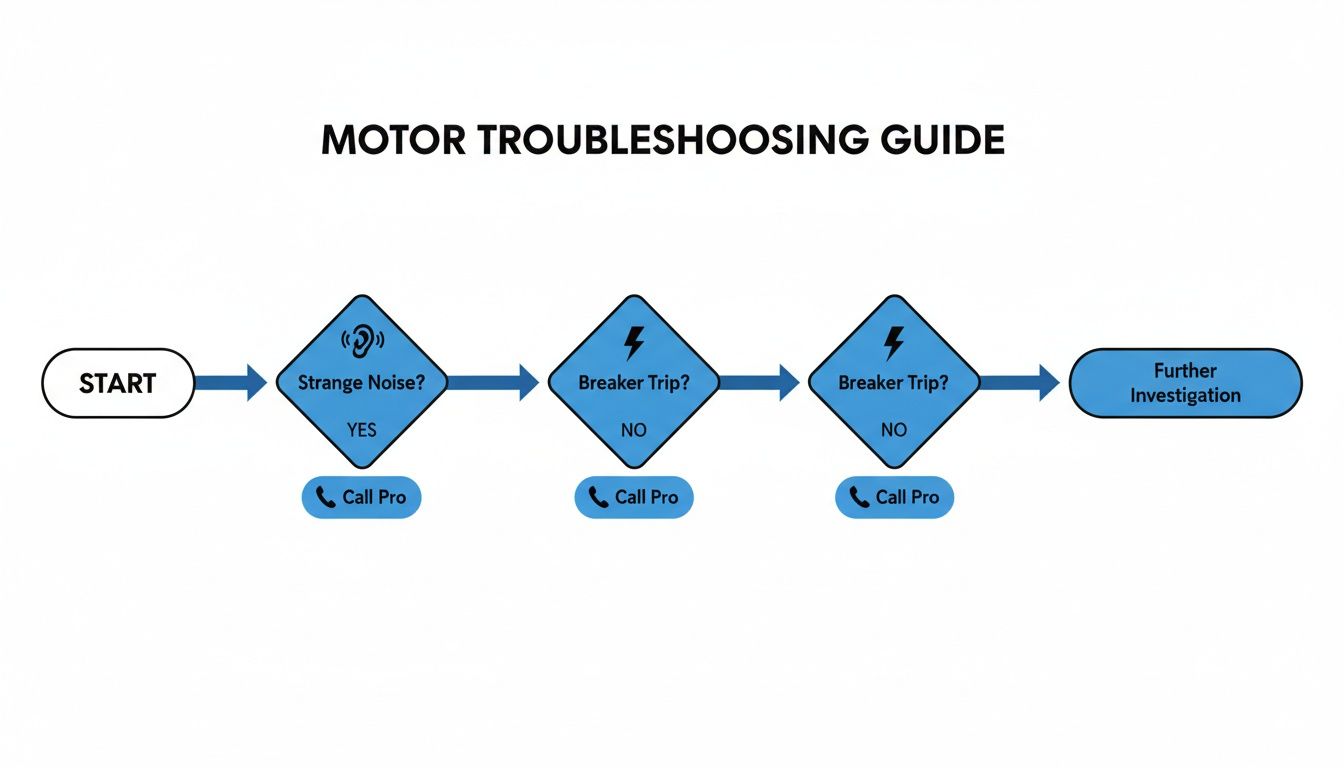 A motor troubleshooting guide flowchart detailing steps for strange noise, breaker trips, and further investigation.