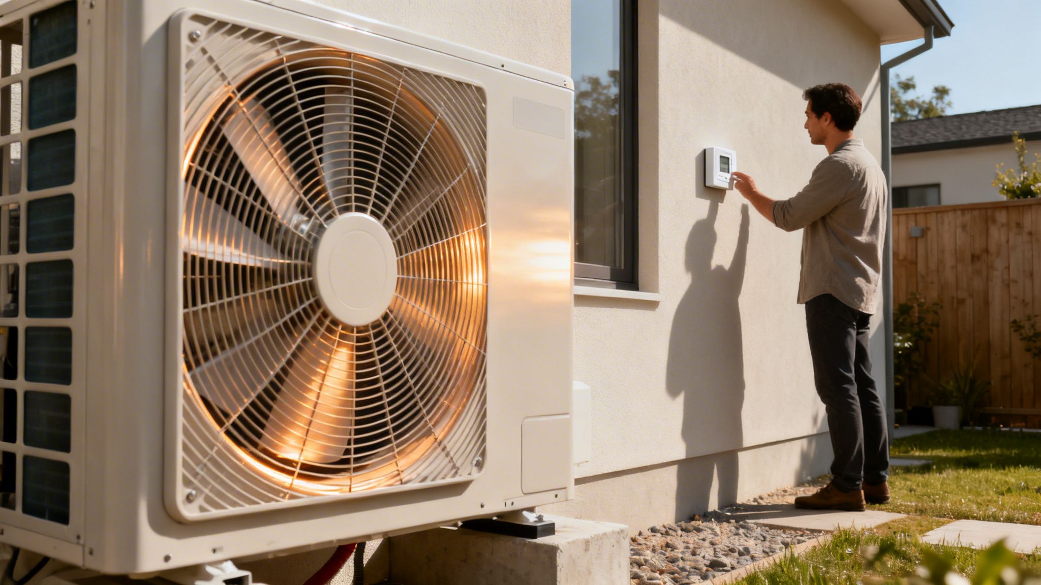 A man adjusts an outdoor smart thermostat next to a running heat pump unit on a sunny day.