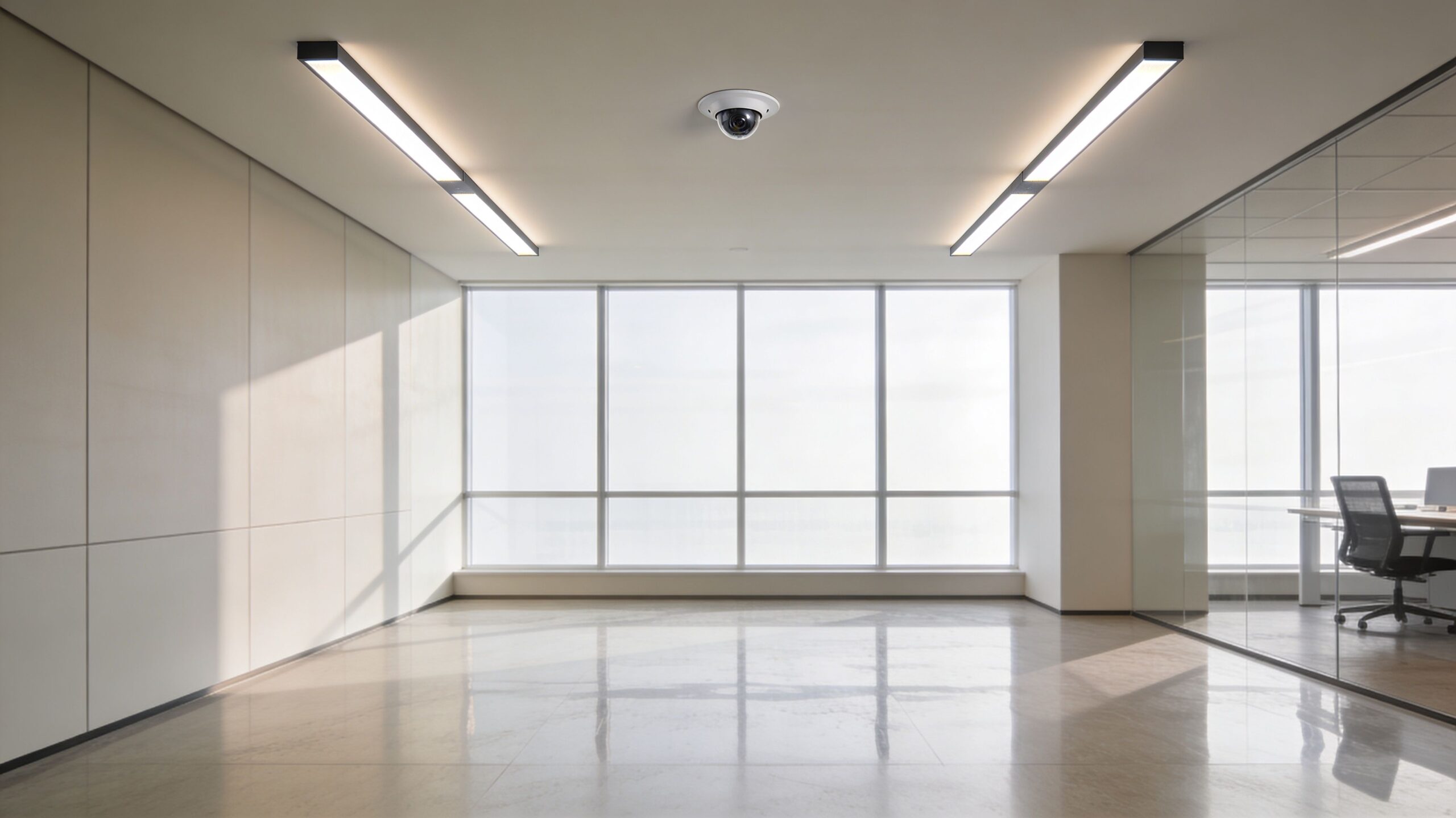 A modern, minimalist, empty office space with large windows, reflective floors, and overhead linear light fixtures.
