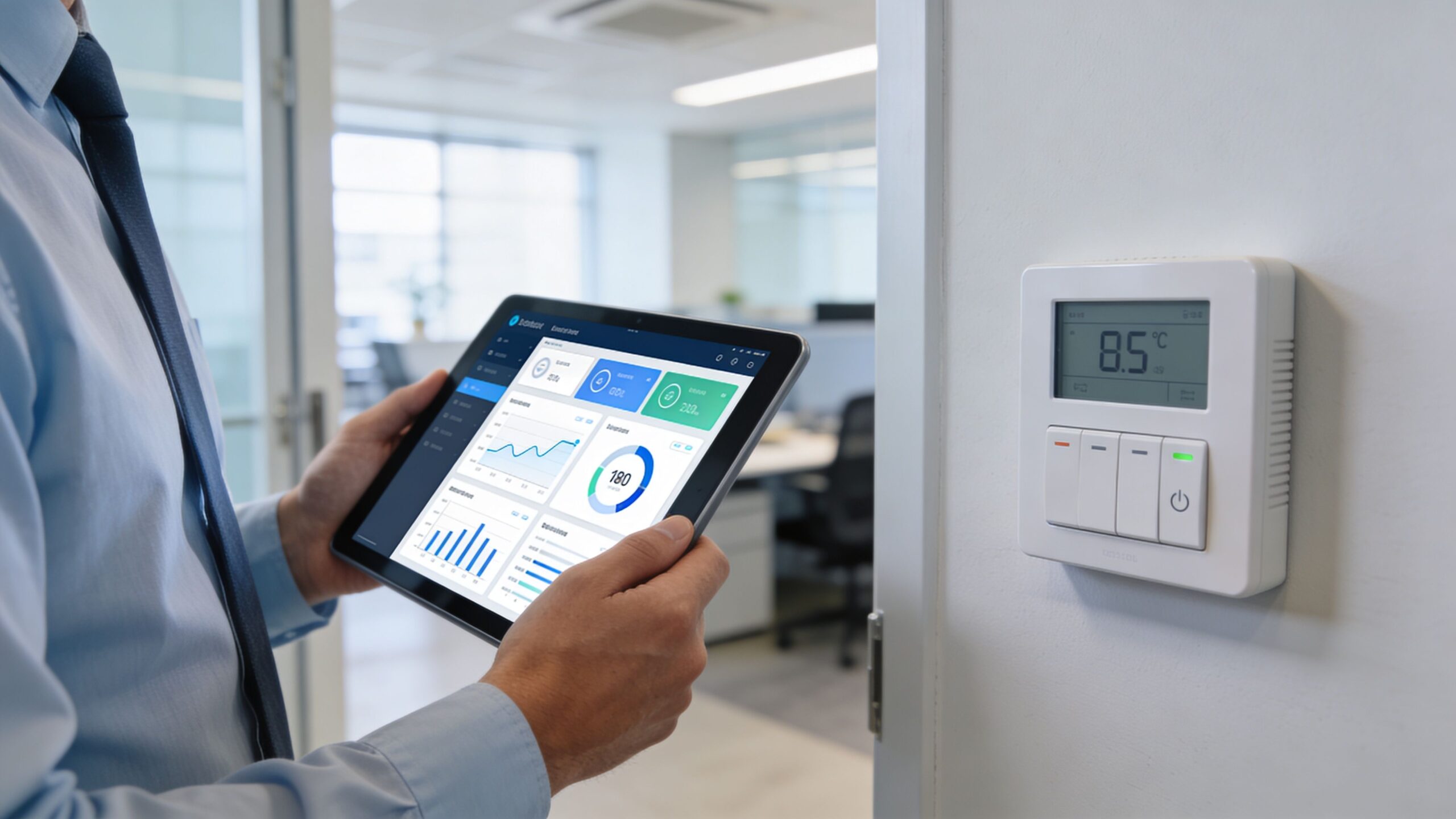A professional holding a tablet displaying building energy data next to a smart thermostat on a wall.