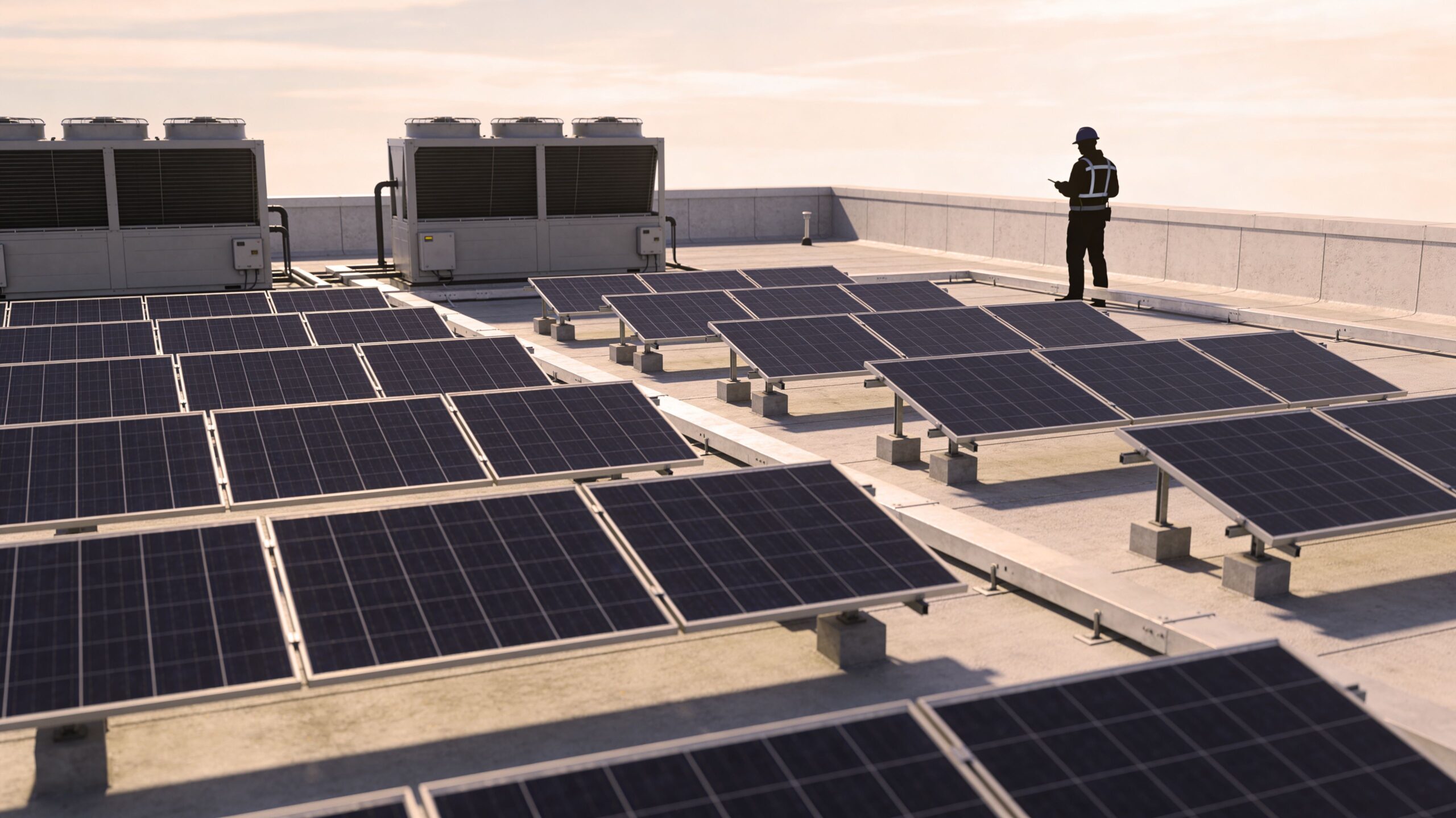A technician inspecting solar panels on a rooftop next to large industrial HVAC air conditioning units.
