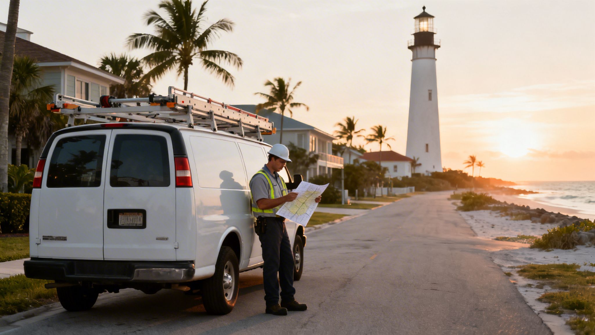 florida electrical services coastal worker Your Guide to Florida Electrical Services Critical Safety Warning: If you see active sparks, smell smoke, or notice any moisture on or around the electrical panel, do not touch it. Your priority in that situation is to get everyone out safely and call for professional Florida electrical services from a distance. A worker reviews plans next to his service van on a coastal road with a lighthouse at sunset.