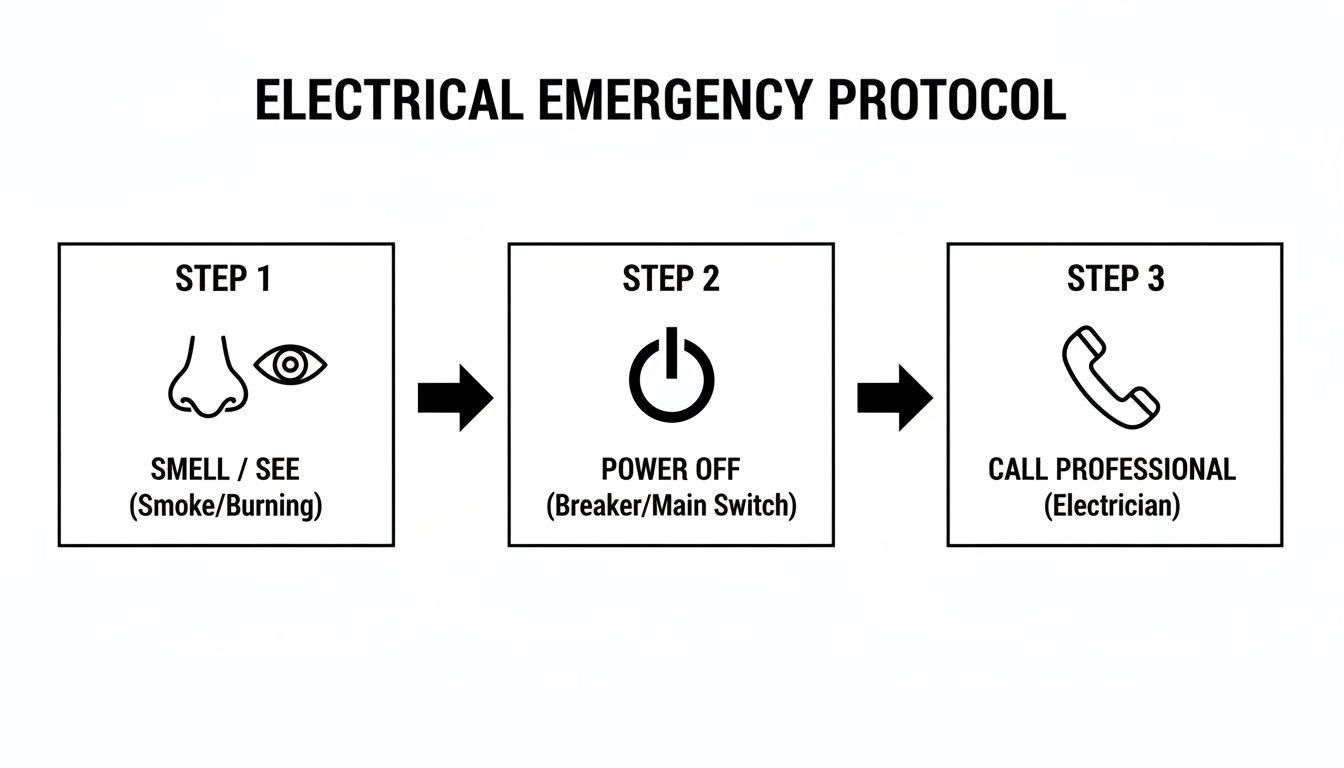 florida electrical services electrical emergency Your Guide to Florida Electrical Services Critical Safety Warning: If you see active sparks, smell smoke, or notice any moisture on or around the electrical panel, do not touch it. Your priority in that situation is to get everyone out safely and call for professional Florida electrical services from a distance. A three-step electrical emergency protocol: detect smoke or burning, power off, then call an electrician.