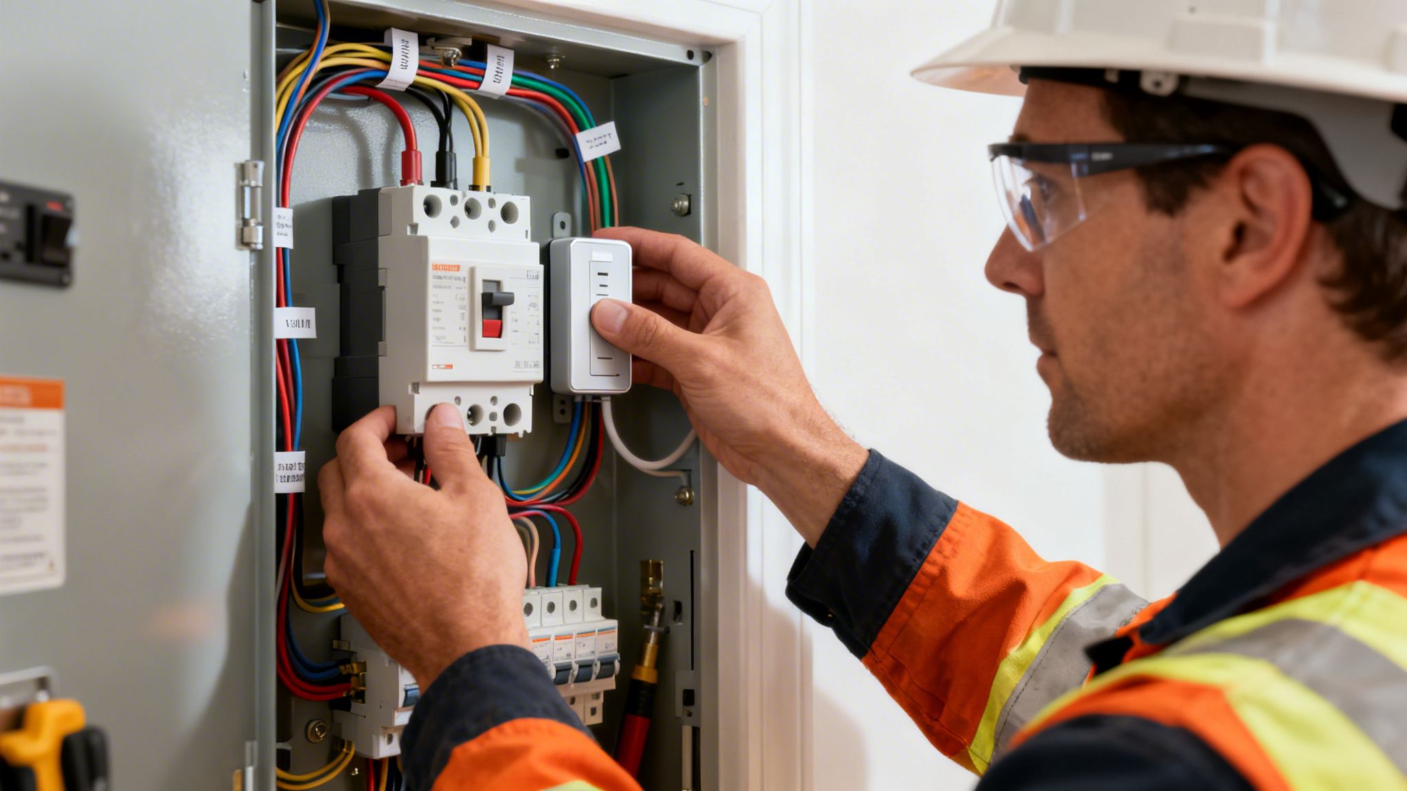 florida electrical services electrical installation Your Guide to Florida Electrical Services Critical Safety Warning: If you see active sparks, smell smoke, or notice any moisture on or around the electrical panel, do not touch it. Your priority in that situation is to get everyone out safely and call for professional Florida electrical services from a distance. Electrician in safety gear installing a smart device inside a circuit breaker panel with wires.