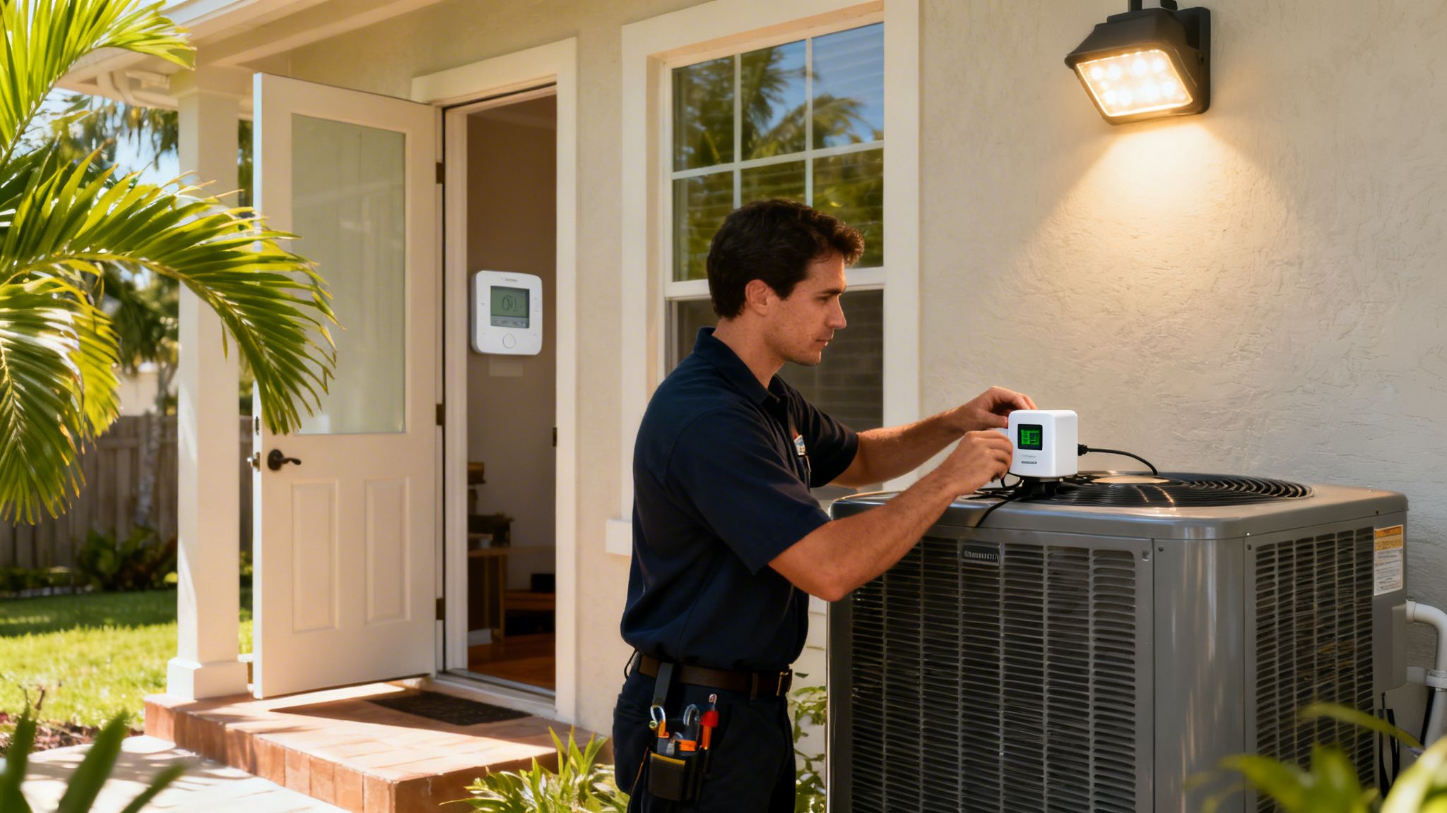 florida electrical services hvac service Your Guide to Florida Electrical Services Critical Safety Warning: If you see active sparks, smell smoke, or notice any moisture on or around the electrical panel, do not touch it. Your priority in that situation is to get everyone out safely and call for professional Florida electrical services from a distance. A technician services an outdoor air conditioning unit, checking a connected diagnostic device.