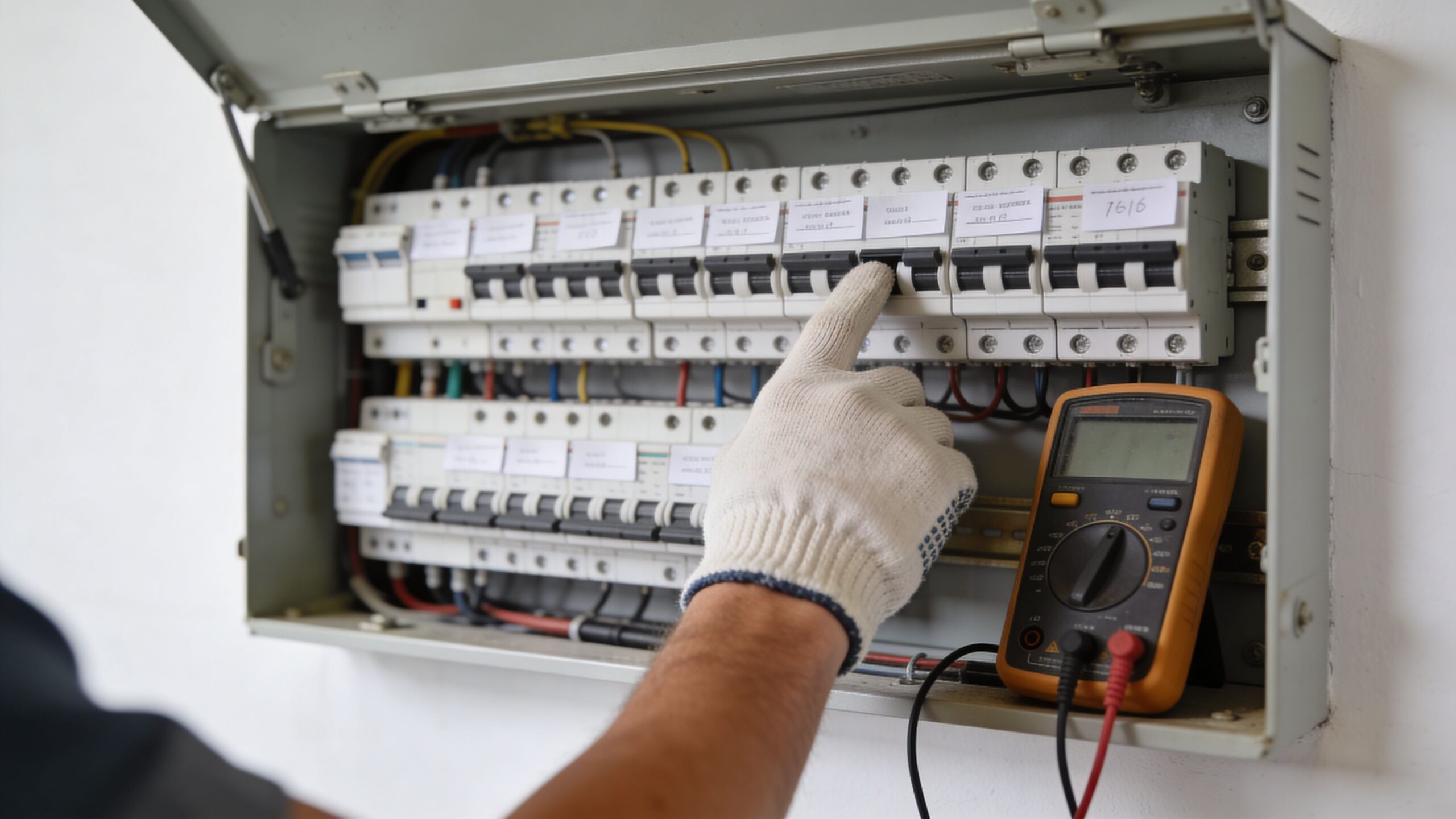 A professional electrician wearing protective gloves inspects an electrical panel board using a digital multimeter device.