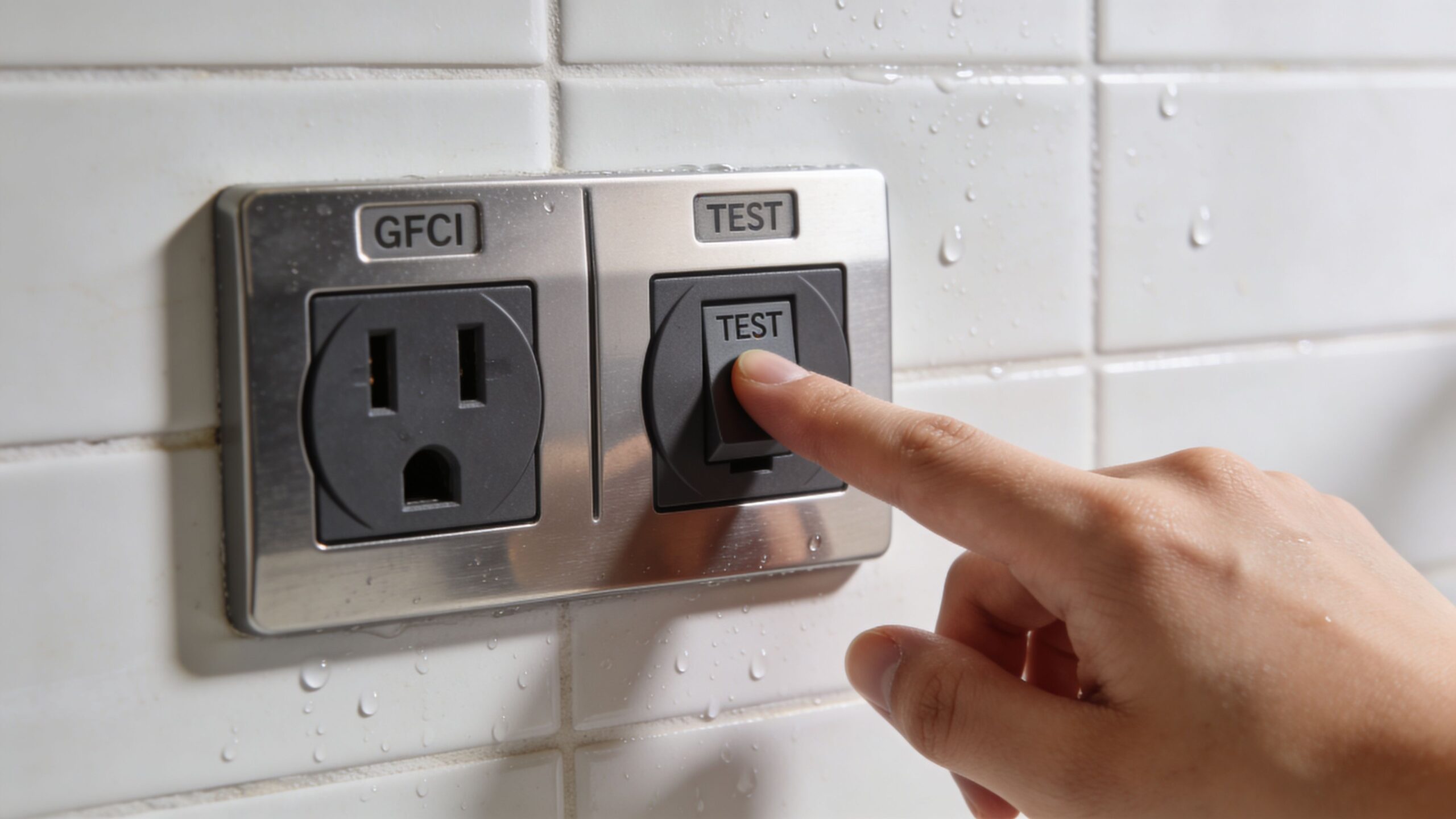 A person's finger pressing the test button on a wet GFCI electrical outlet installed on a tiled wall.