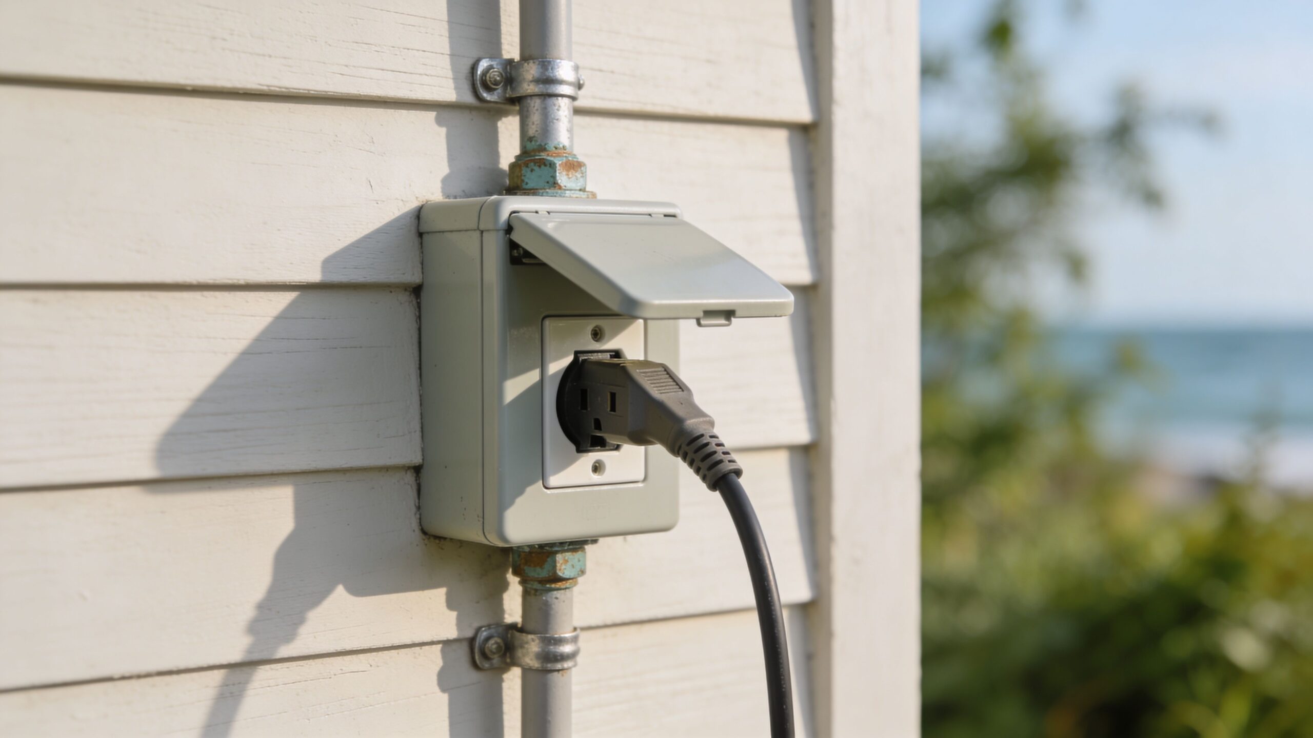 An outdoor electrical outlet with a plugged-in power cord mounted on a white wooden building wall.