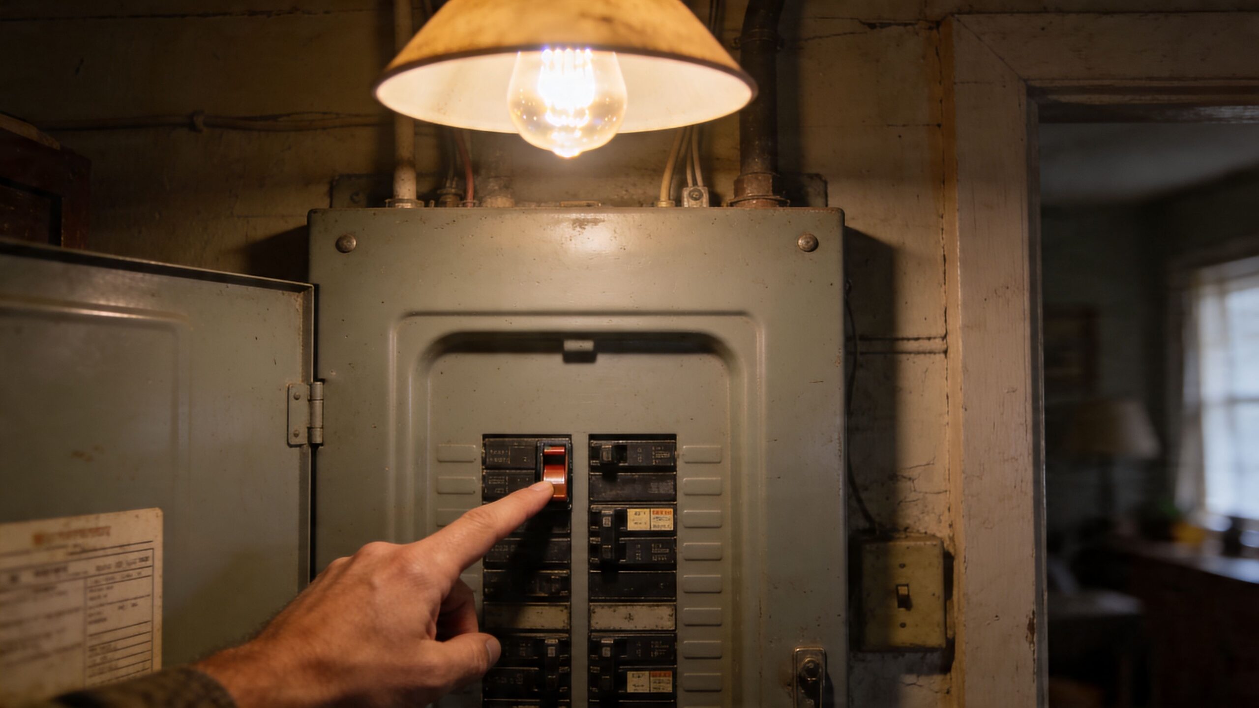 A hand flipping a circuit breaker switch inside an old electrical panel board in a dimly lit home.