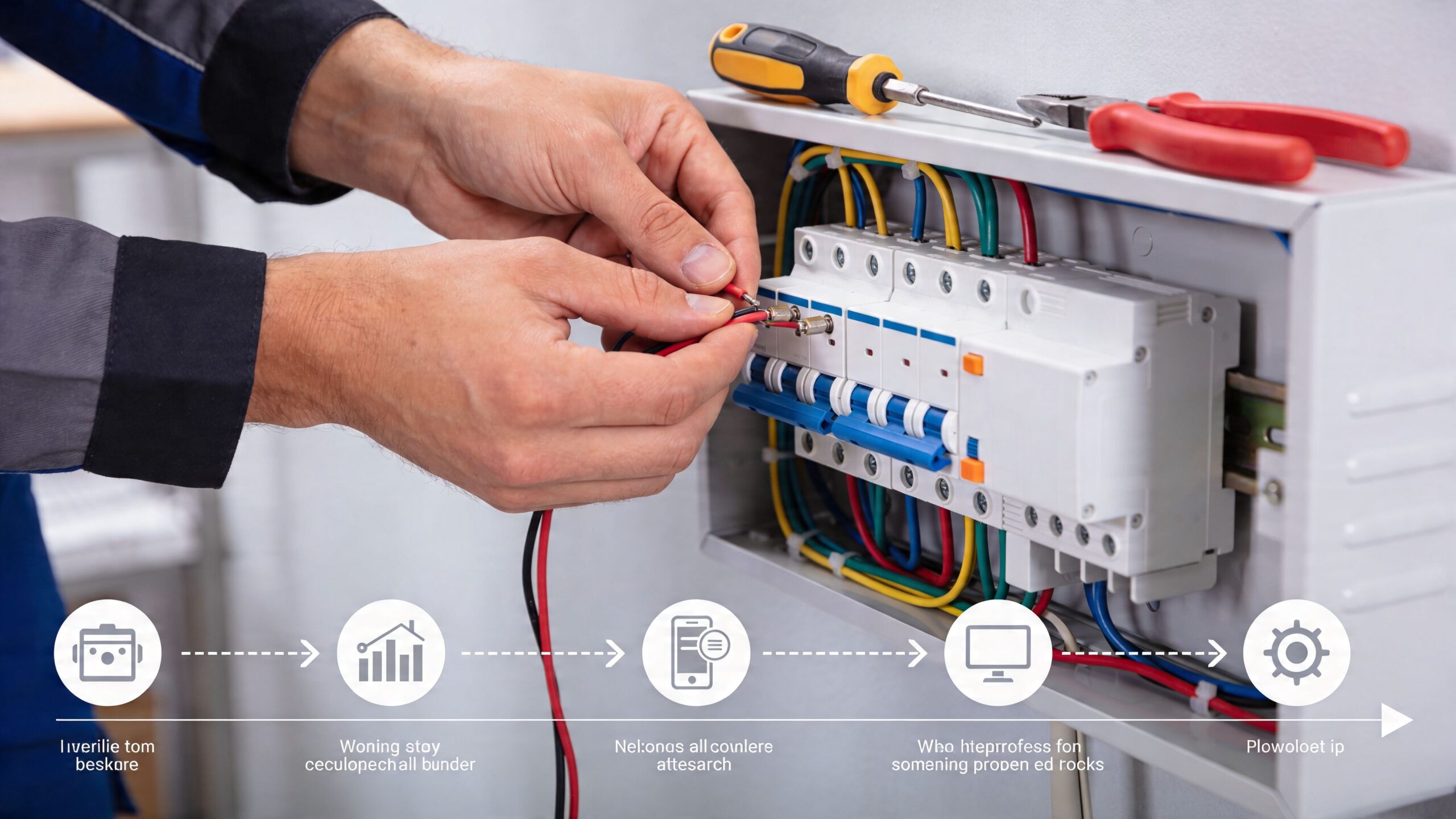 A professional electrician performing maintenance on a residential circuit breaker panel to ensure electrical safety.