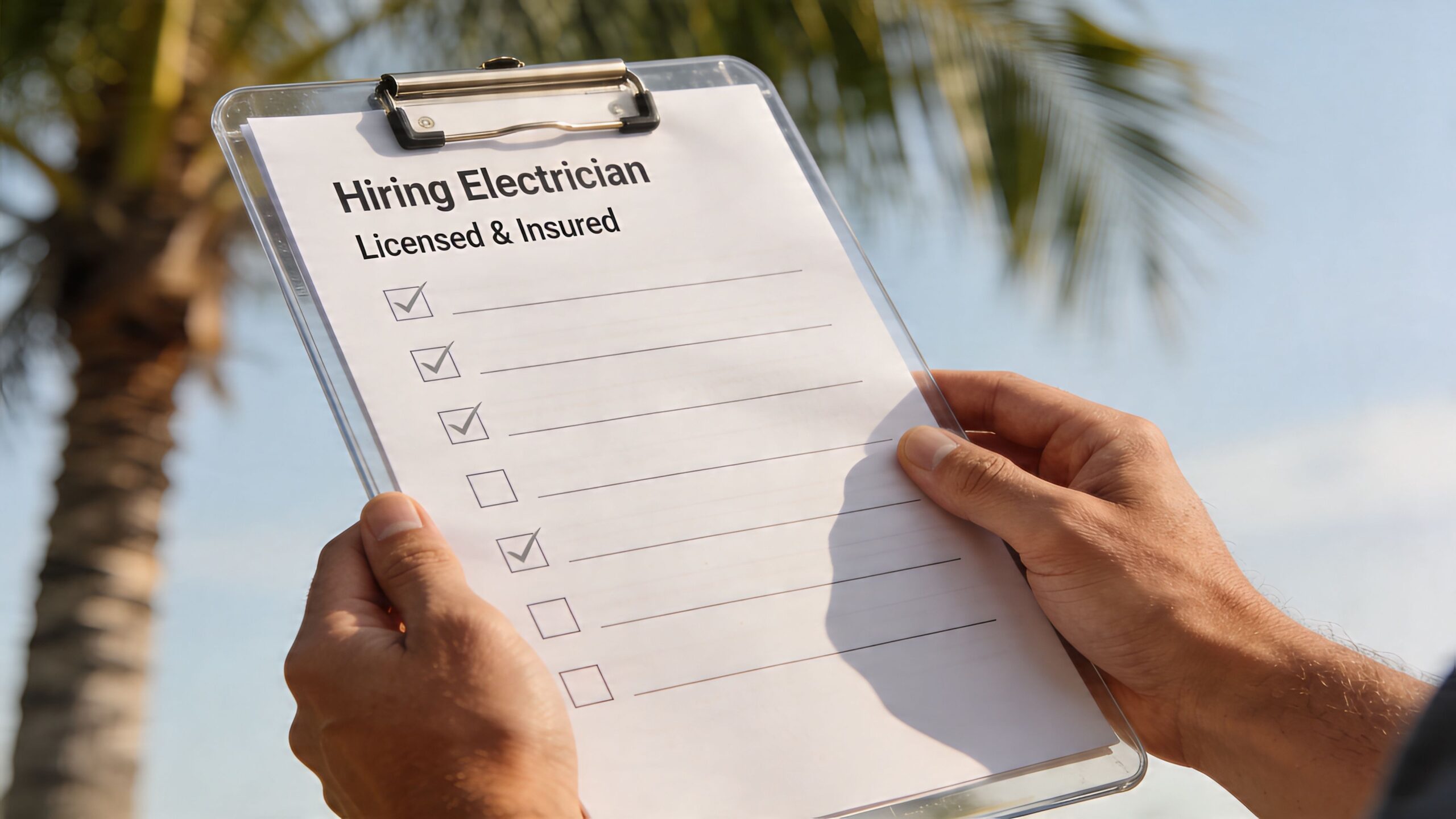 A person holding a clipboard with a Hiring Electrician checklist against a bright tropical sky background.