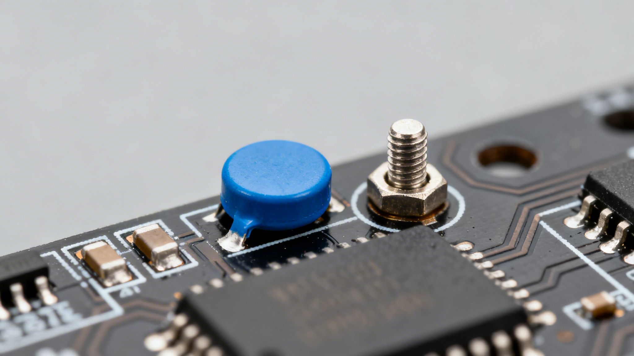 Close-up of a circuit board showing a blue electronic component, a screw, and integrated circuits.
